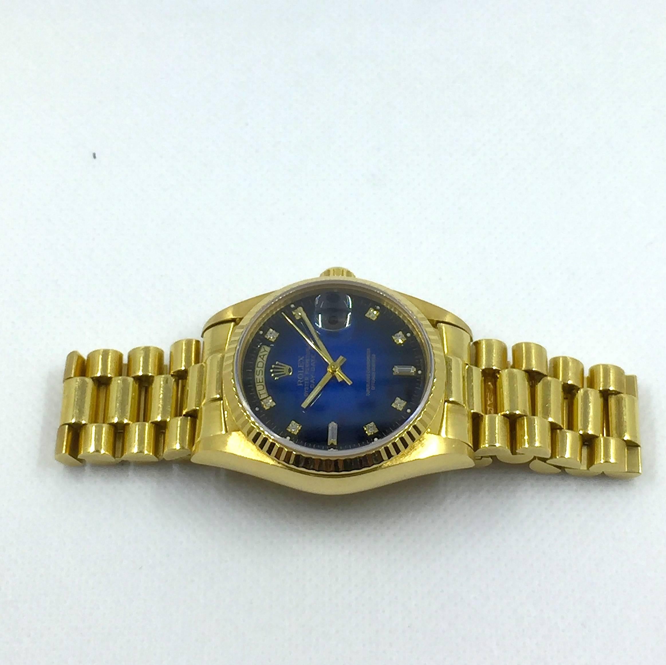 Rolex Day-Date Presidental Watch with Blue Vignette Diamond Dial In Excellent Condition In New York, NY