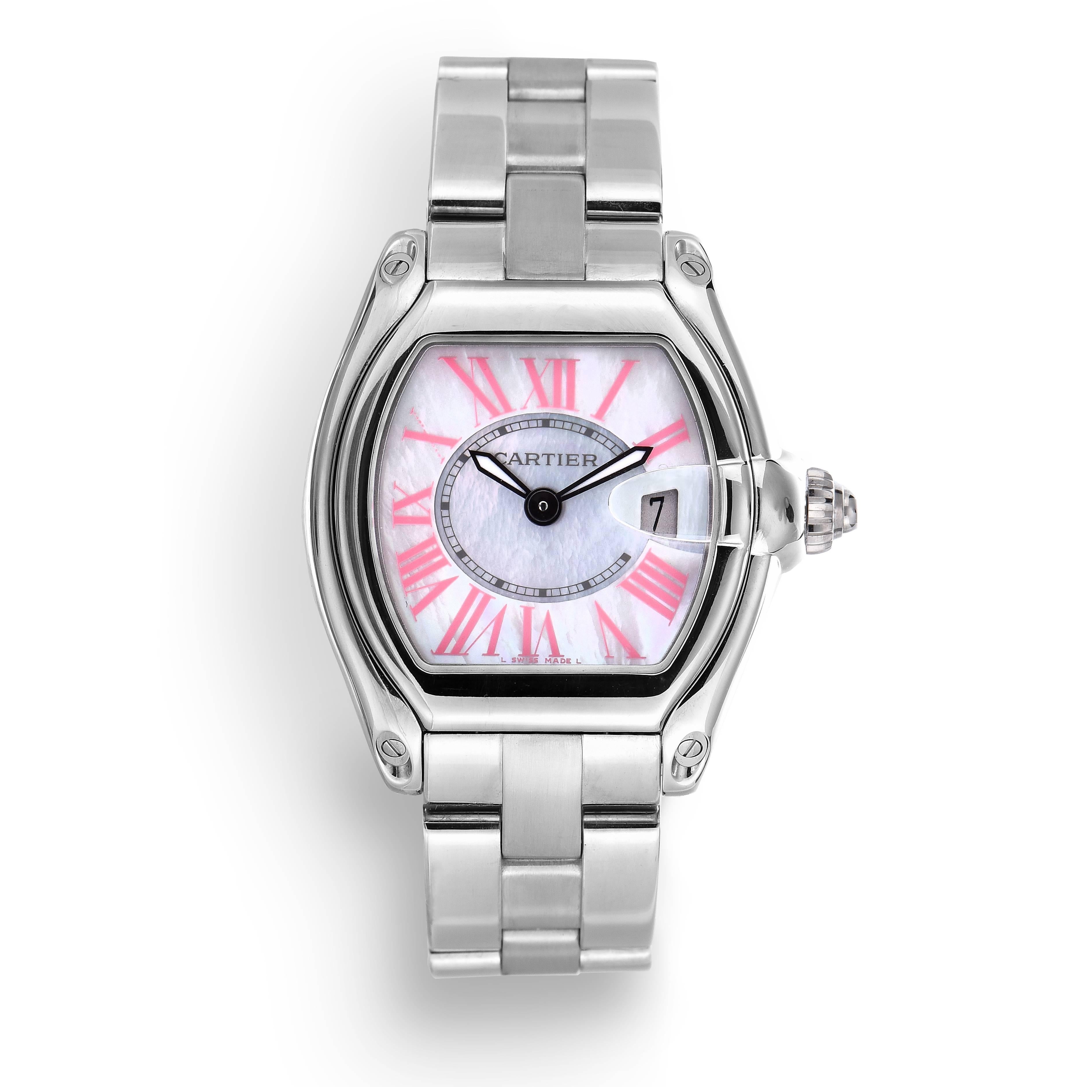 Cartier Ladies Stainless Steel Roadster Watch
Rare Pink Mother of Pearl Dial
Quartz Movement
Tonneau Shape Approximately 33mm
Cartier Screw Down Cabochon Crown
Sapphire Crystal
Stainless Steel Case
Mother of Pearl Dial with Pink Roman