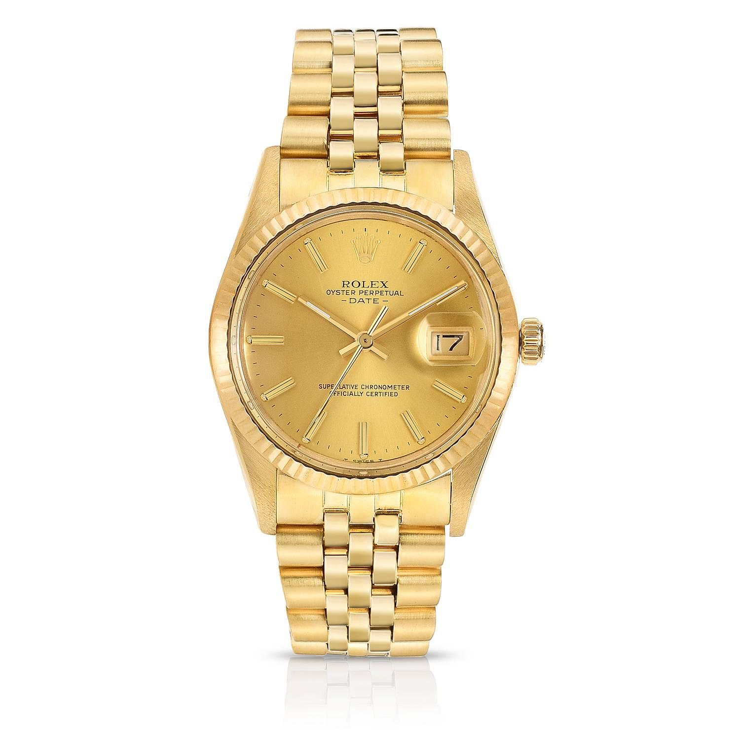 Rolex 14K Yellow Gold Oyster Perpetual Date Watch
Factory Champagne Dial with Stick Markers
14K Yellow Gold Fluted Bezel
34mm in size 
Rolex 1980s Automatic Movement
Acrylic Crystal
Quick-Set Date Function
Early 1980's Production
Comes Fitted on