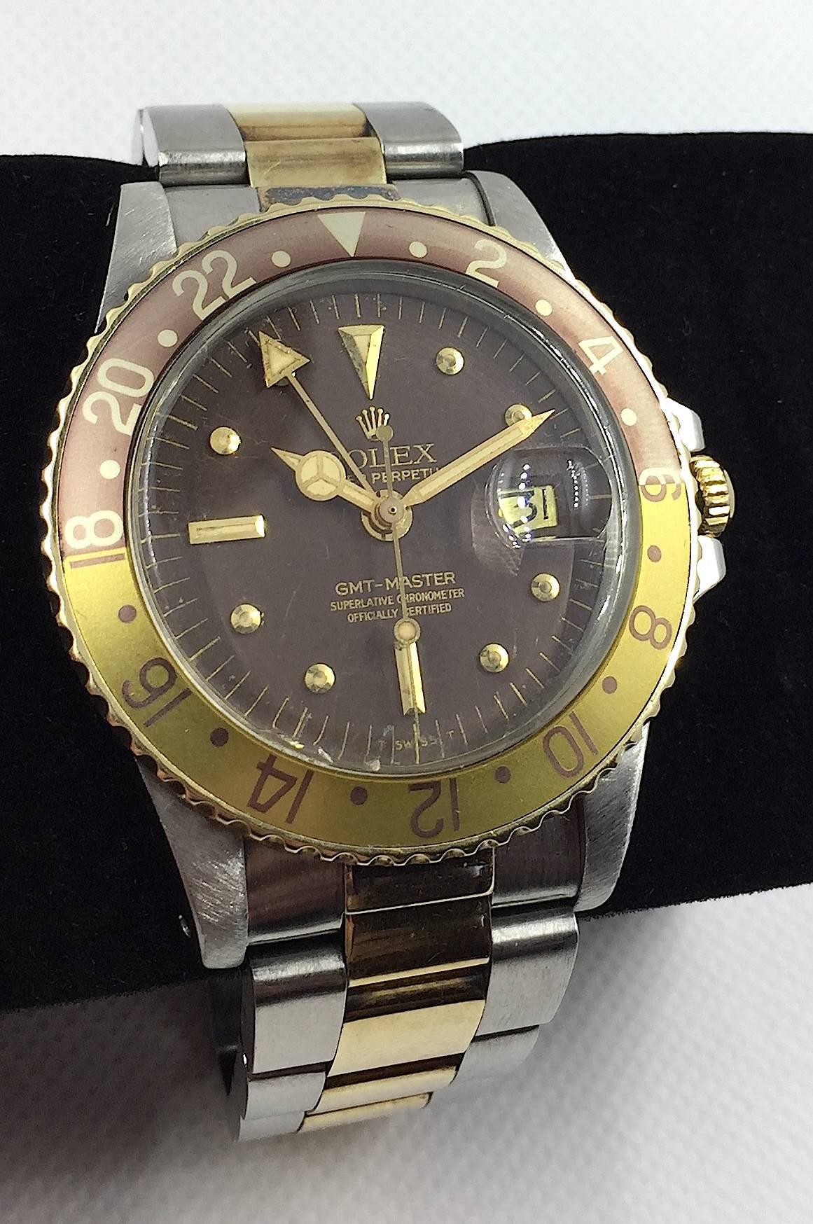 Rolex Yellow Gold Stainless Steel Oyster Perpetual GMT Master Wristwatch In Good Condition In New York, NY