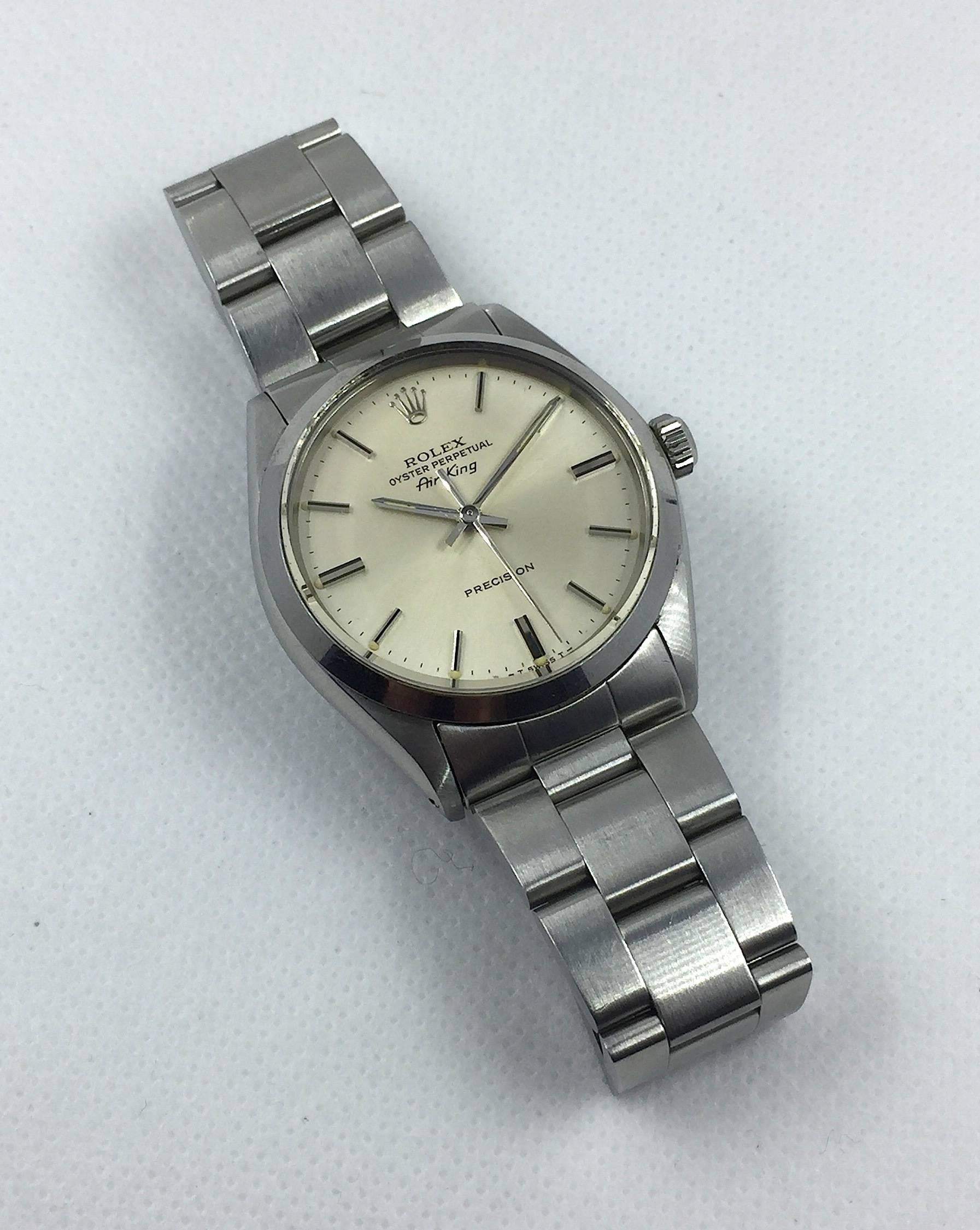 Rolex Stainless Steel Oyster Perpetual Air-King Wristwatch
Factory Silvered Dial with Applied Hour Markers
Stainless Steel Smooth Bezel
34mm in size 
Rolex 1500 Base Calibre Automatic Movement
Acrylic Crystal
Early 1980's Production
Comes Fitted on