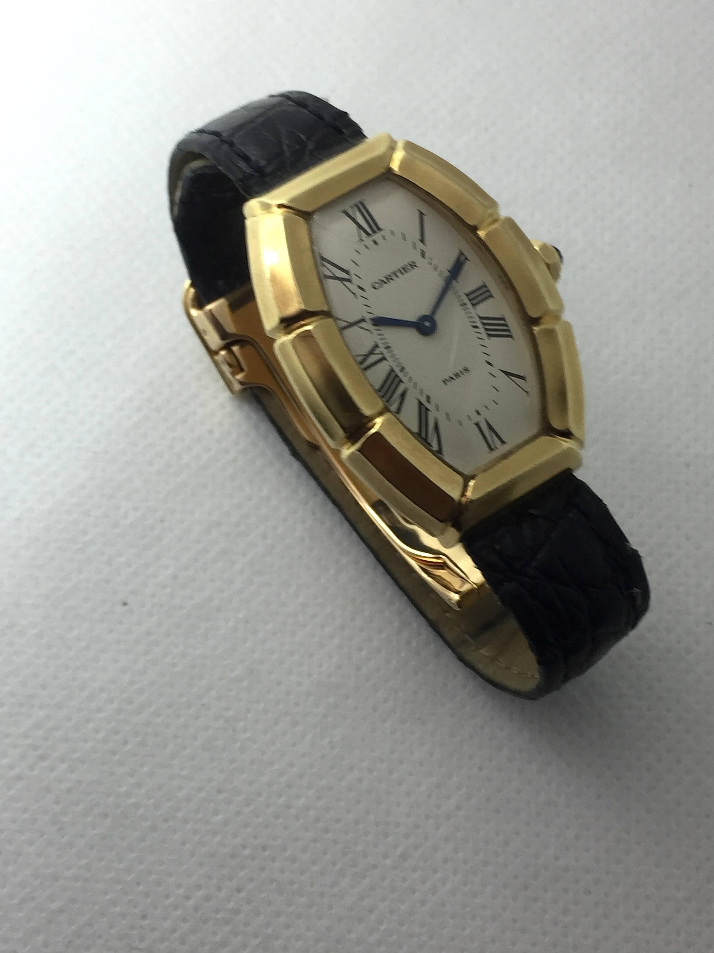Cartier Paris  Tonneau Shape Yellow Gold  Automatic Wristwatch In Good Condition In New York, NY