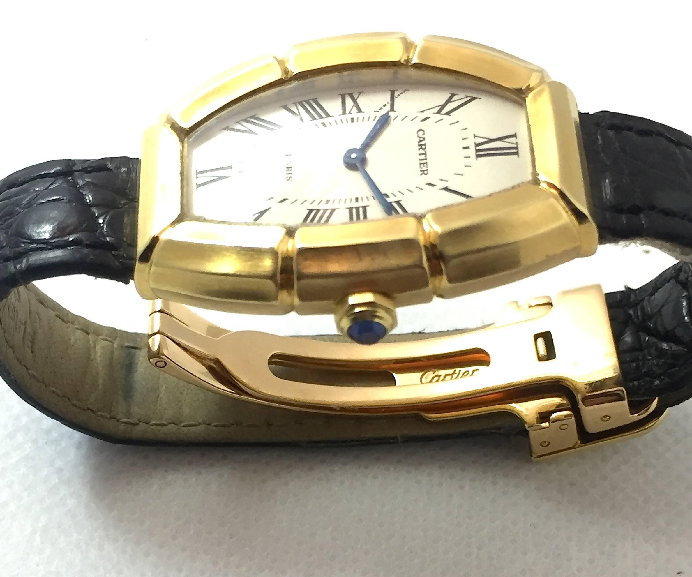 Women's or Men's Cartier Paris  Tonneau Shape Yellow Gold  Automatic Wristwatch