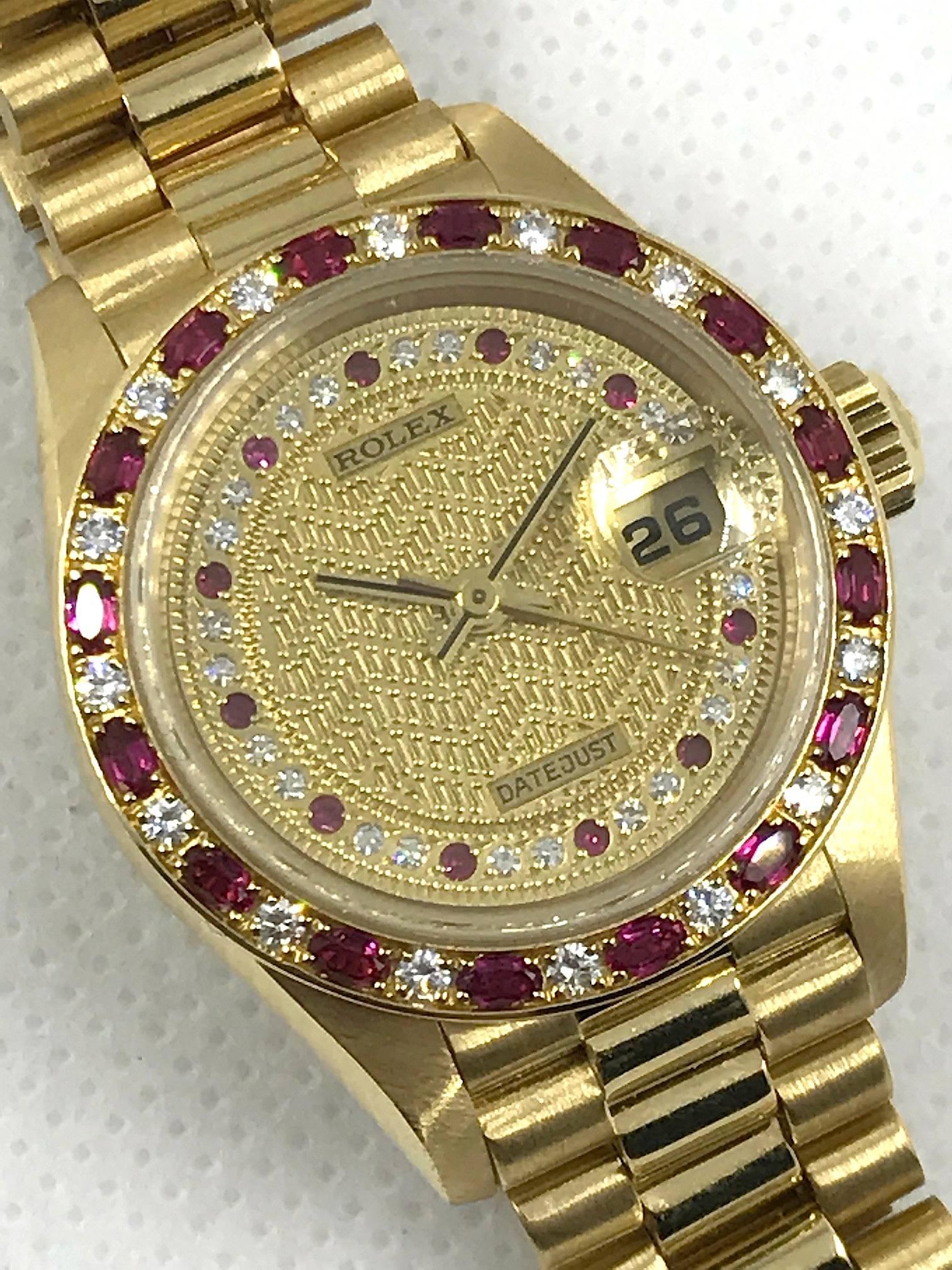Rolex Yellow Gold Diamond Ruby Datejust Wristwatch  In Excellent Condition In New York, NY