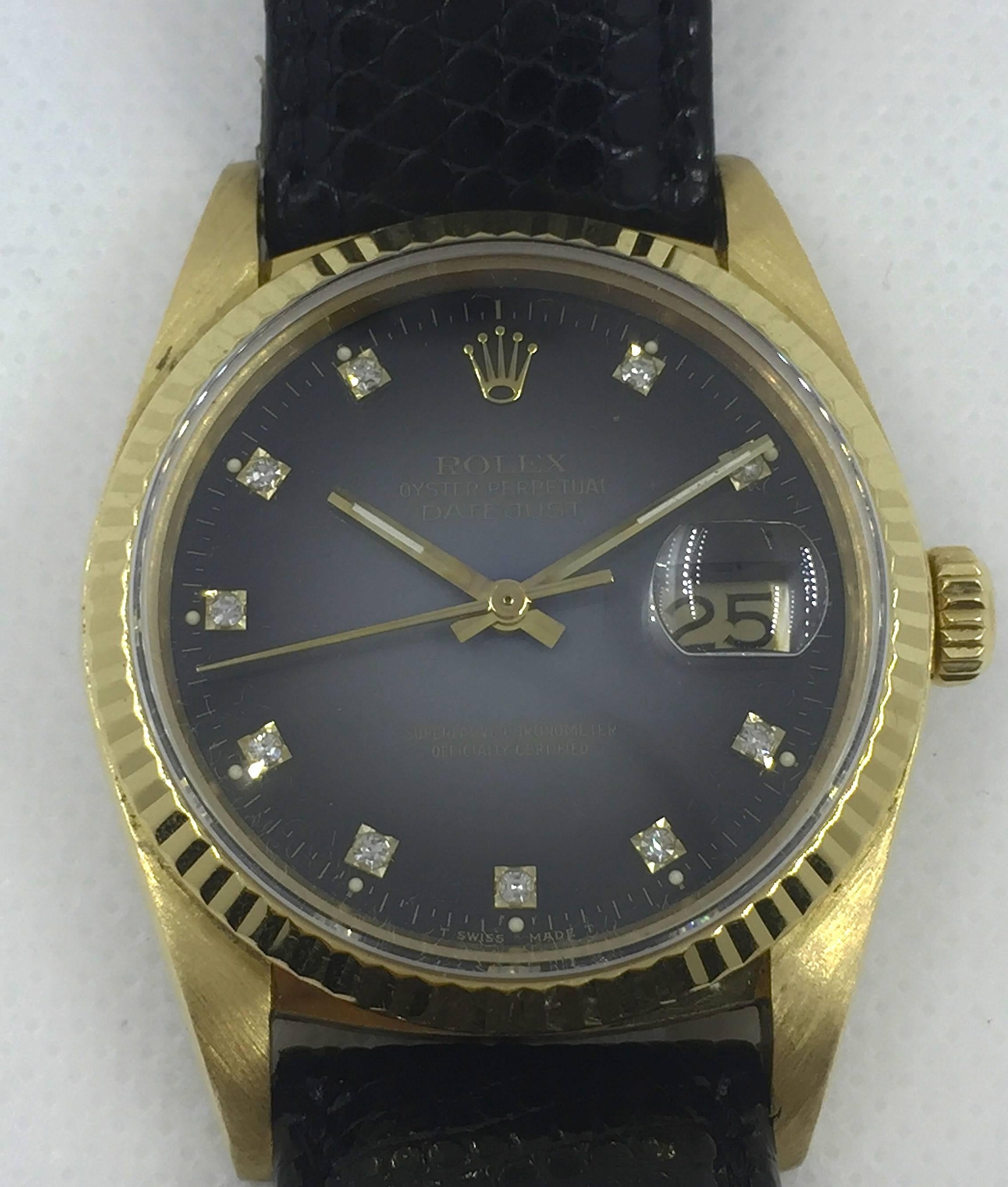 Rolex Yellow Gold Grey Vignette Diamond Dial Datejust Automatic Wristwatch  In Excellent Condition In New York, NY