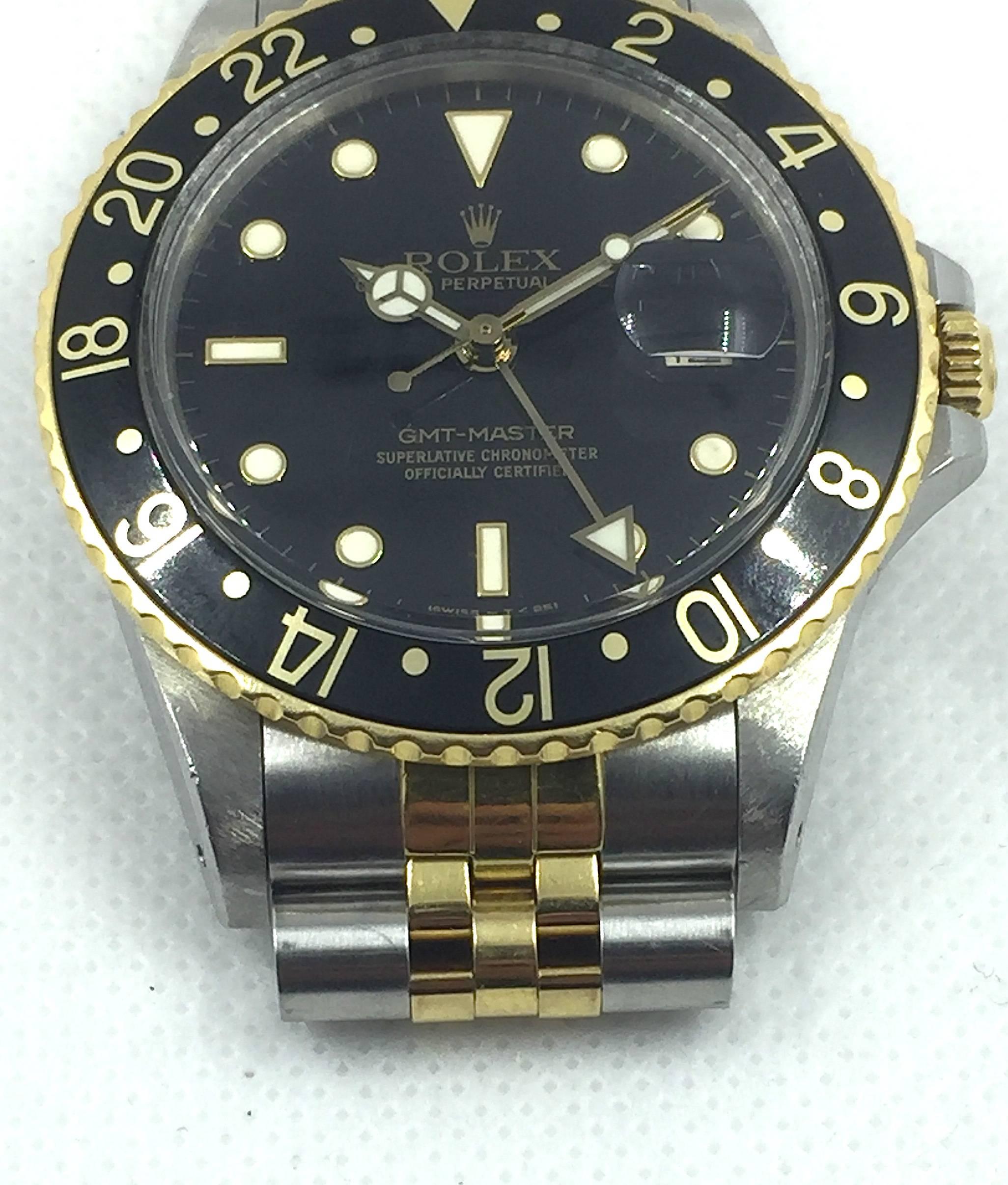 Rolex Yellow Gold Stainless Steel Oyster Perpetual GMT Master Wristwatch, 1980s In Excellent Condition In New York, NY