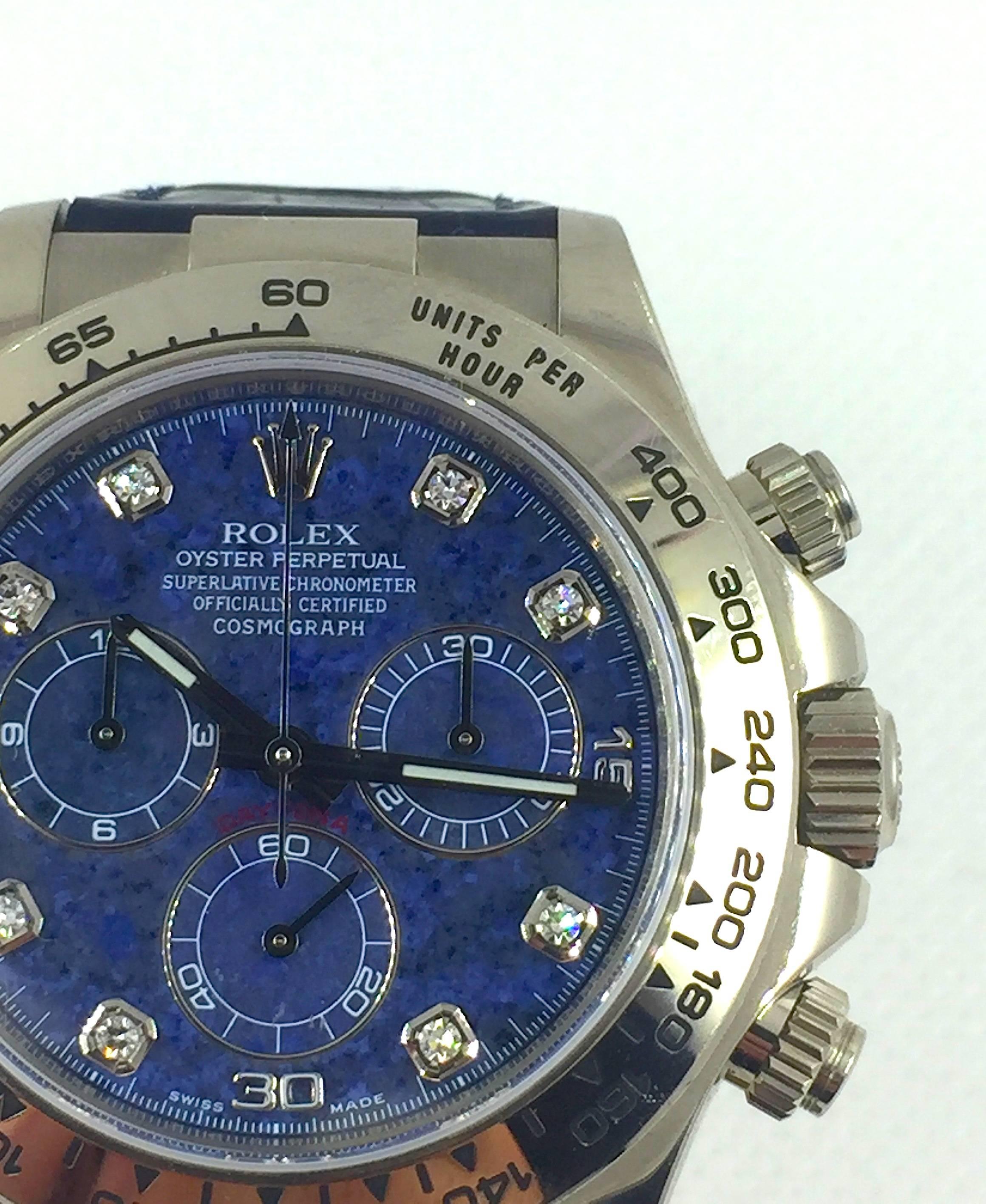 Women's or Men's Rolex White Gold Cosmograph Daytona Sodalite Diamond Dial Automatic Wristwatch