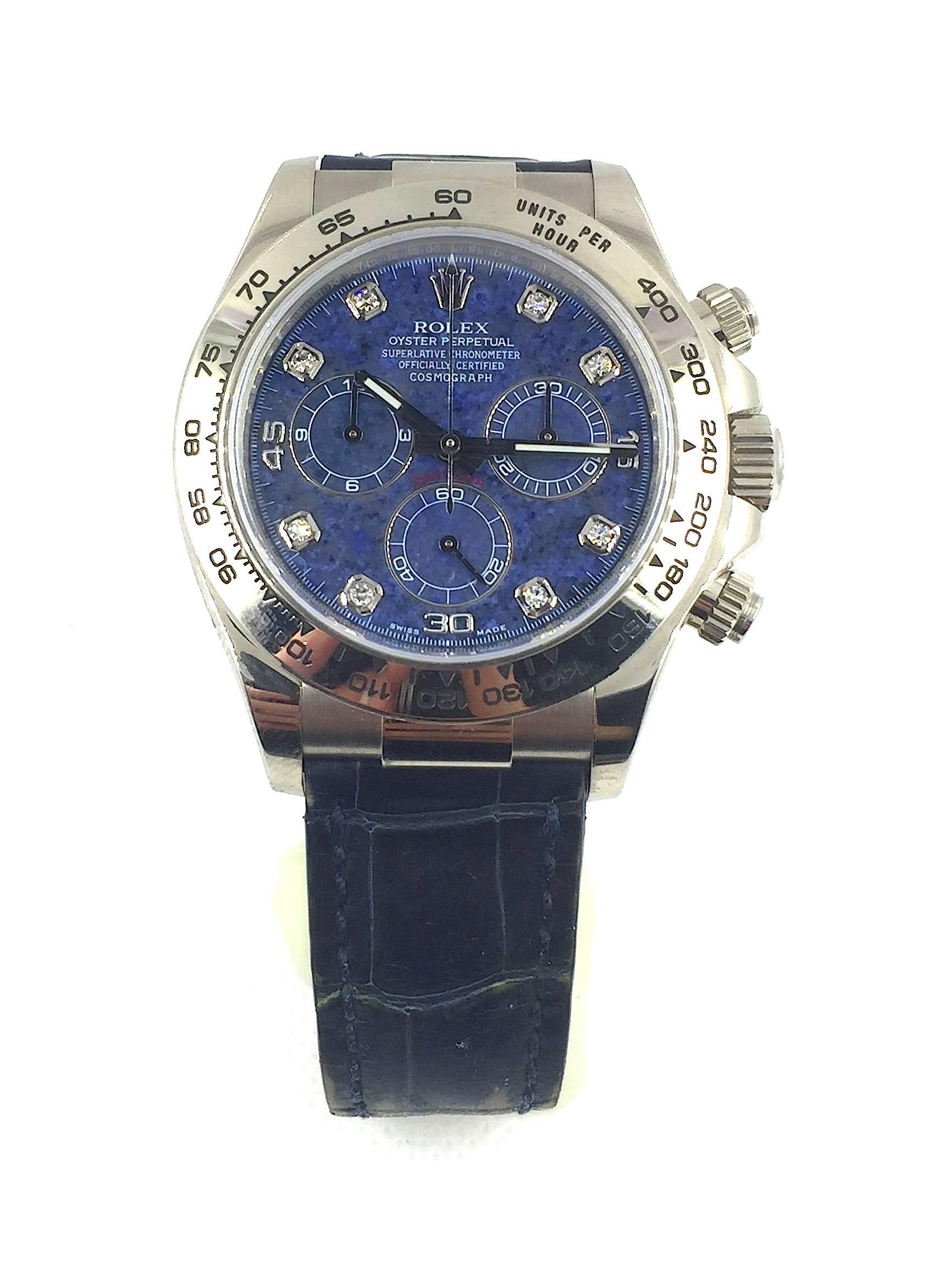 Rolex 18K White Gold Oyster Perpetual Cosmograph Daytona Wristwatch
Factory Sodalite (Stone) and Diamond Dial with Diamond Hour Markers
White Gold Bezel
40mm in size 
Reference 116519
Rolex Calibre Base 4130 Automatic Movement
Engraved Inner
