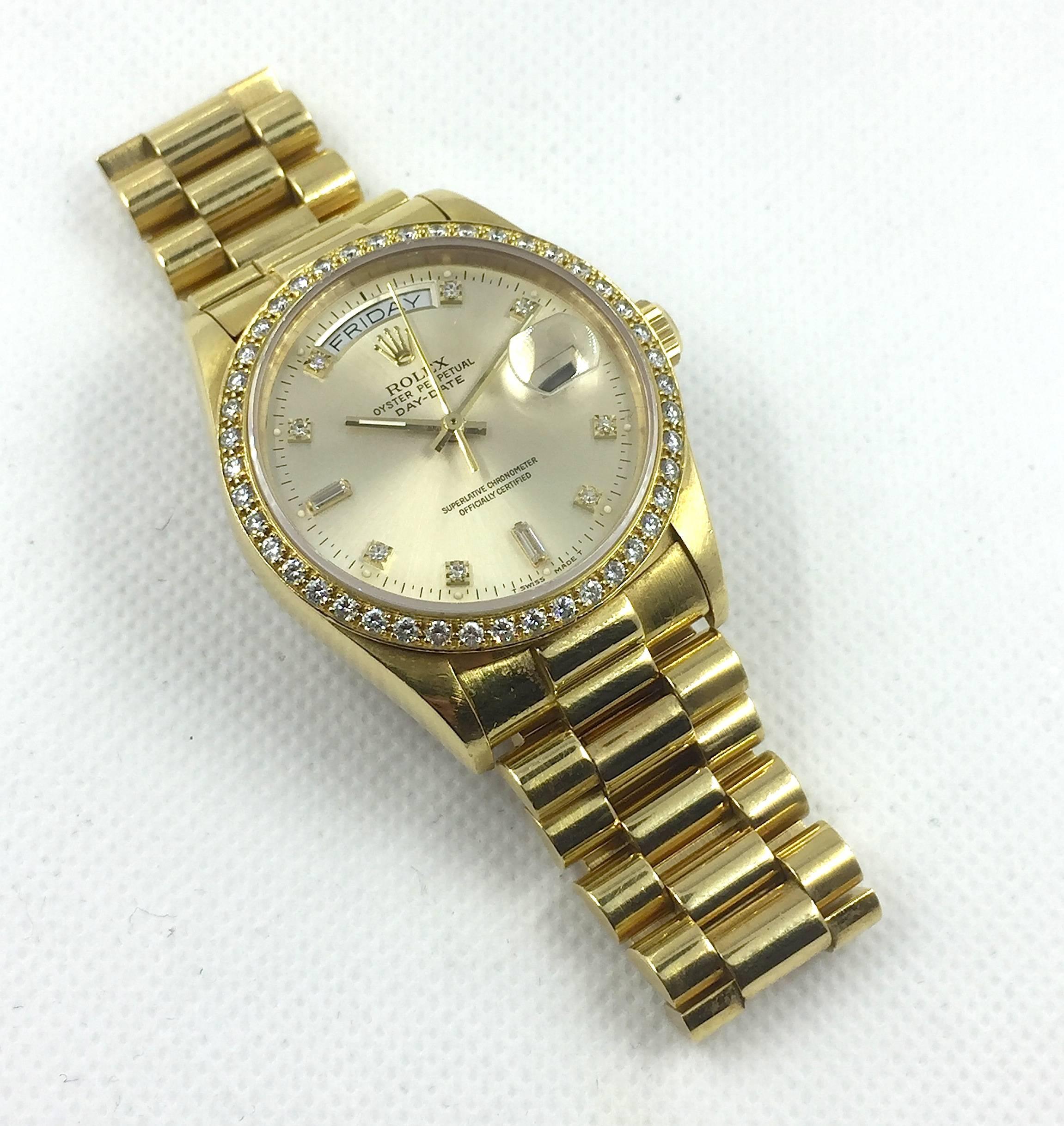 Rolex Yellow Gold Factory Diamond Dial and Bezel Day-Date President Wristwatch In Excellent Condition In New York, NY