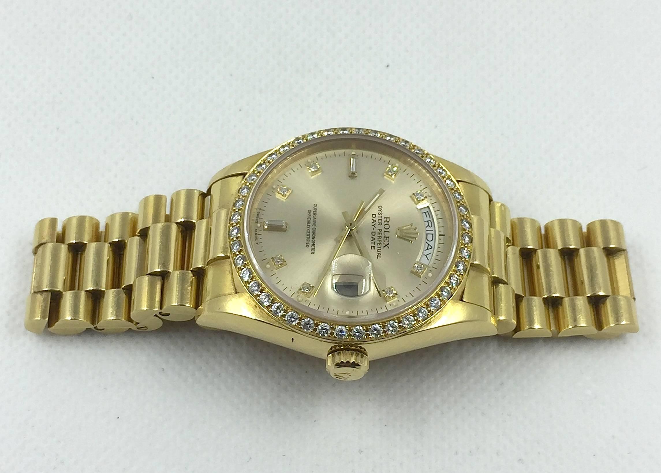 Women's or Men's Rolex Yellow Gold Factory Diamond Dial and Bezel Day-Date President Wristwatch