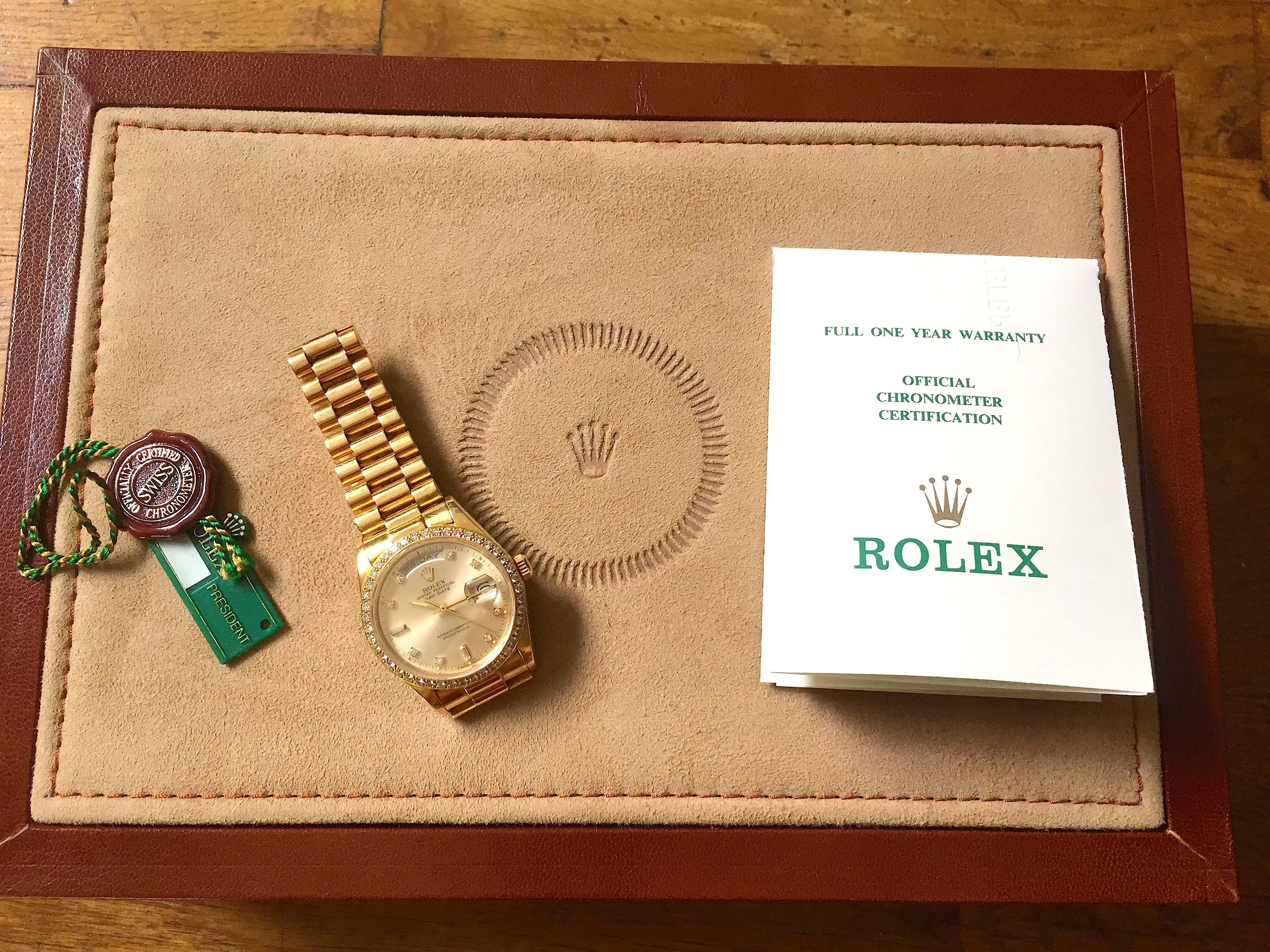 Rolex Yellow Gold Factory Diamond Dial and Bezel Day-Date President Wristwatch 4