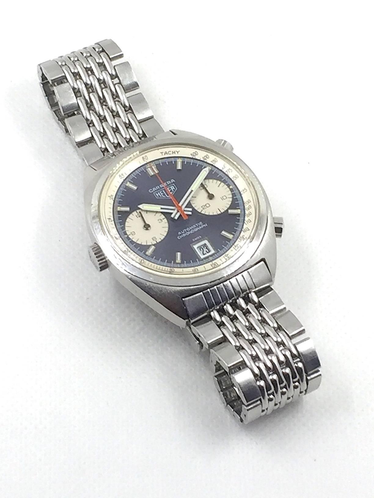 Heuer Carrera Stainless Steel Chronograph Automatic Wristwatch, 1970s In Good Condition In New York, NY