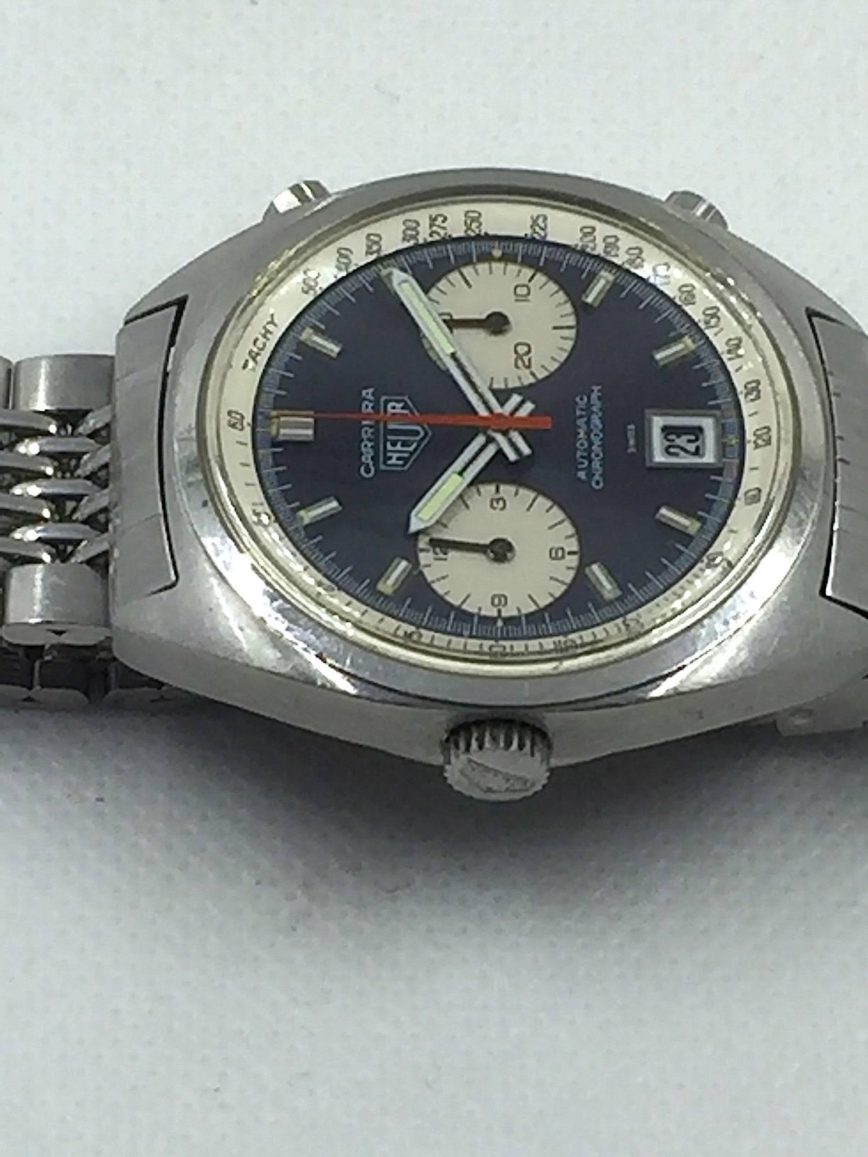 Heuer Carrera Stainless Steel Chronograph Automatic Wristwatch, 1970s 1
