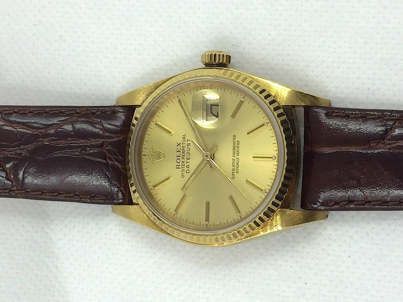 Rolex  Yellow Gold Oyster Perpetual Datejust Wristwatch, 1980s In Excellent Condition For Sale In New York, NY