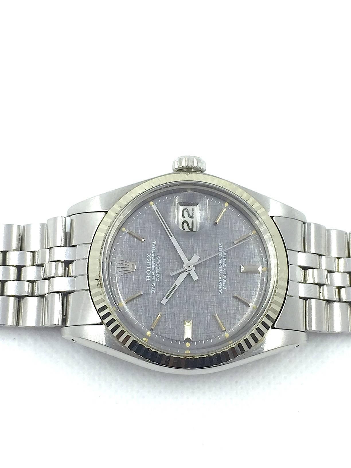 Rolex Stainless Steel Grey Linen Dial Datejust Wristwatch, 1970s In Excellent Condition In New York, NY