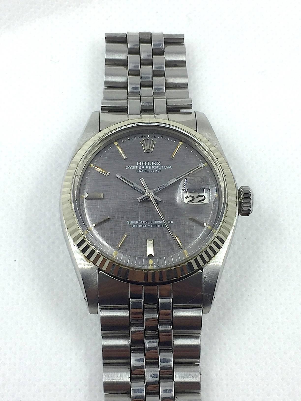 Women's or Men's Rolex Stainless Steel Grey Linen Dial Datejust Wristwatch, 1970s