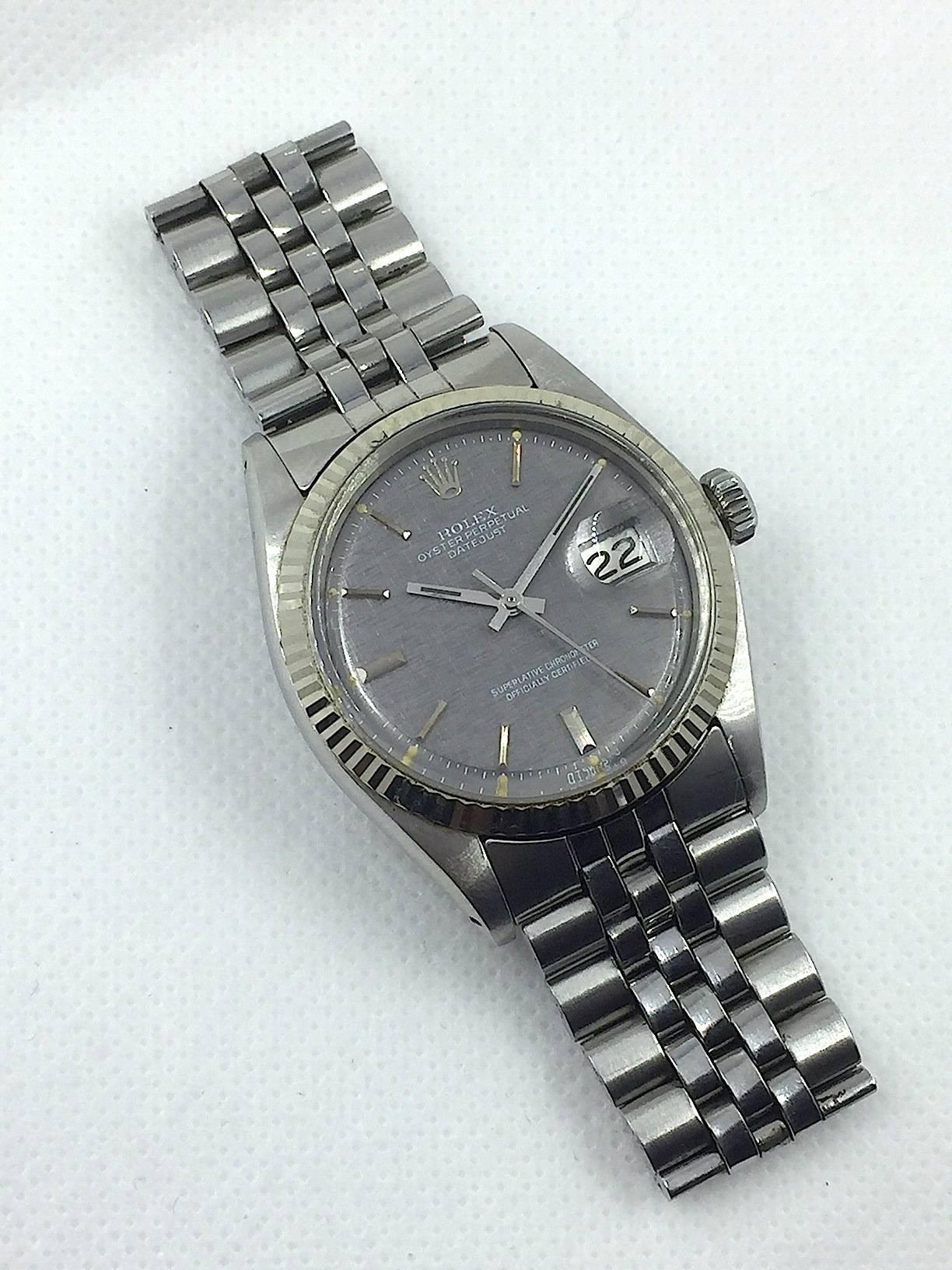 Rolex Stainless Steel Grey Linen Dial Datejust Wristwatch, 1970s 1