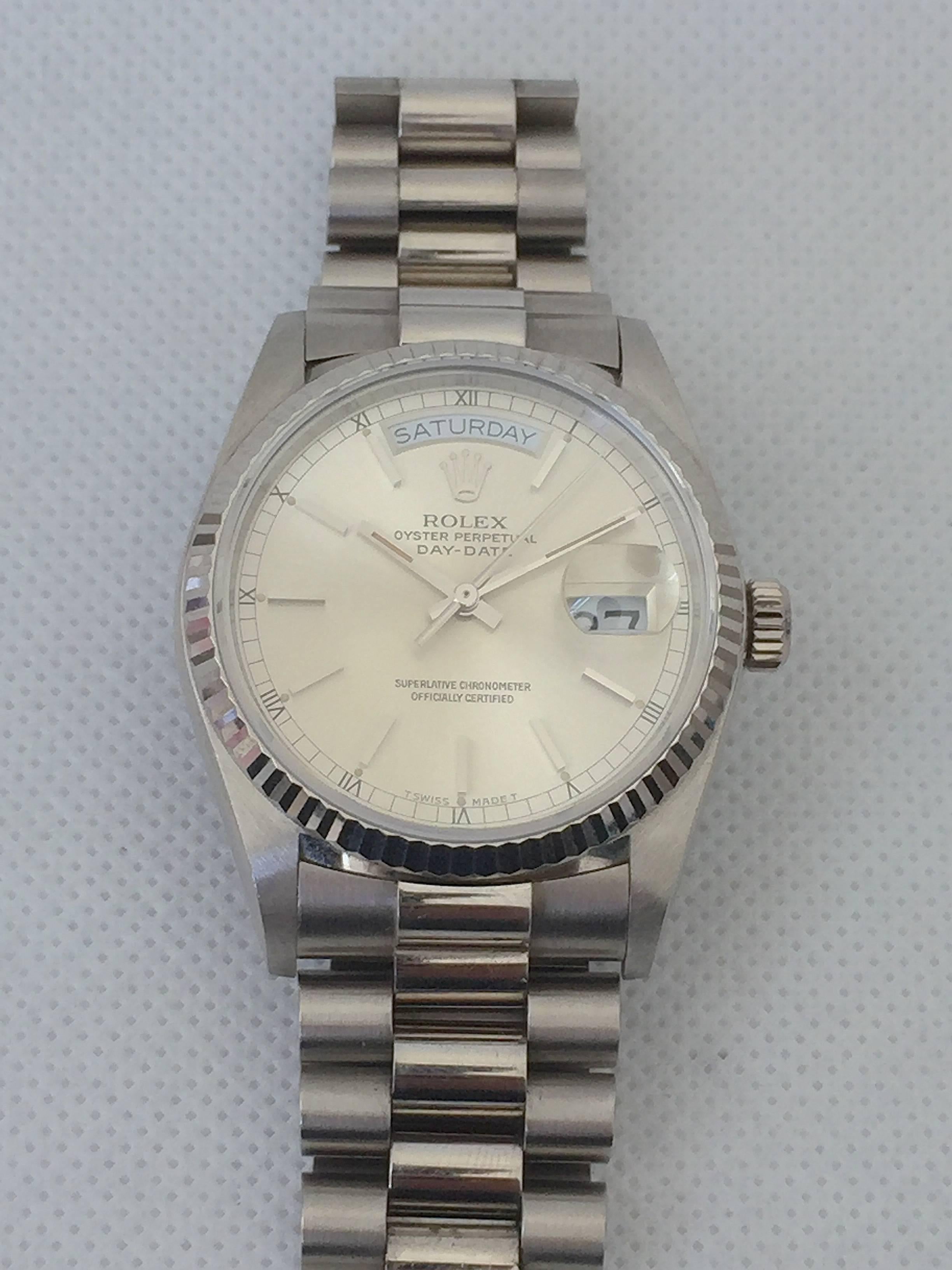 Rolex White Gold Vintage President Day-Date Automatic Wristwatch, circa 1980s In Excellent Condition In New York, NY