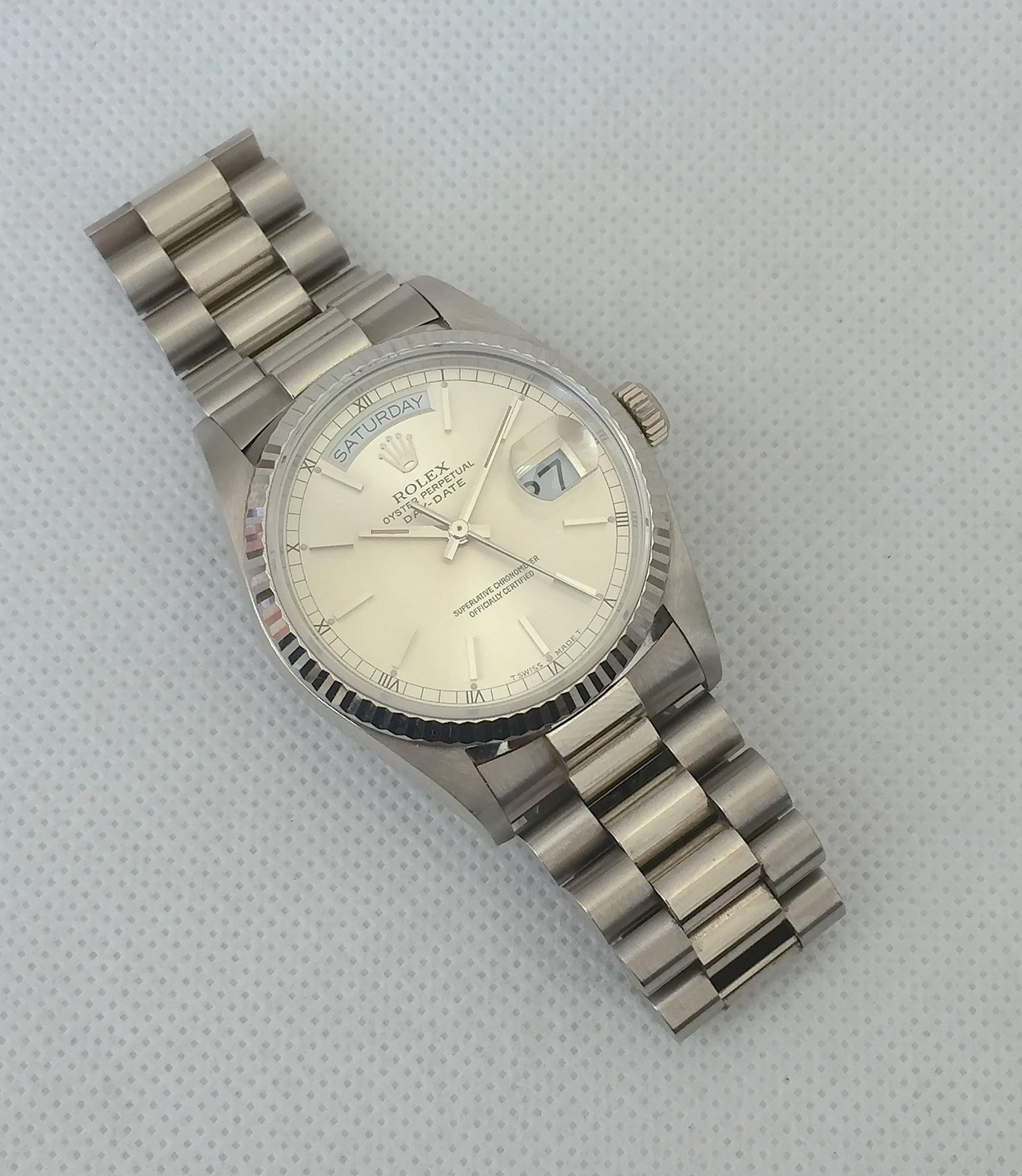 Women's or Men's Rolex White Gold Vintage President Day-Date Automatic Wristwatch, circa 1980s