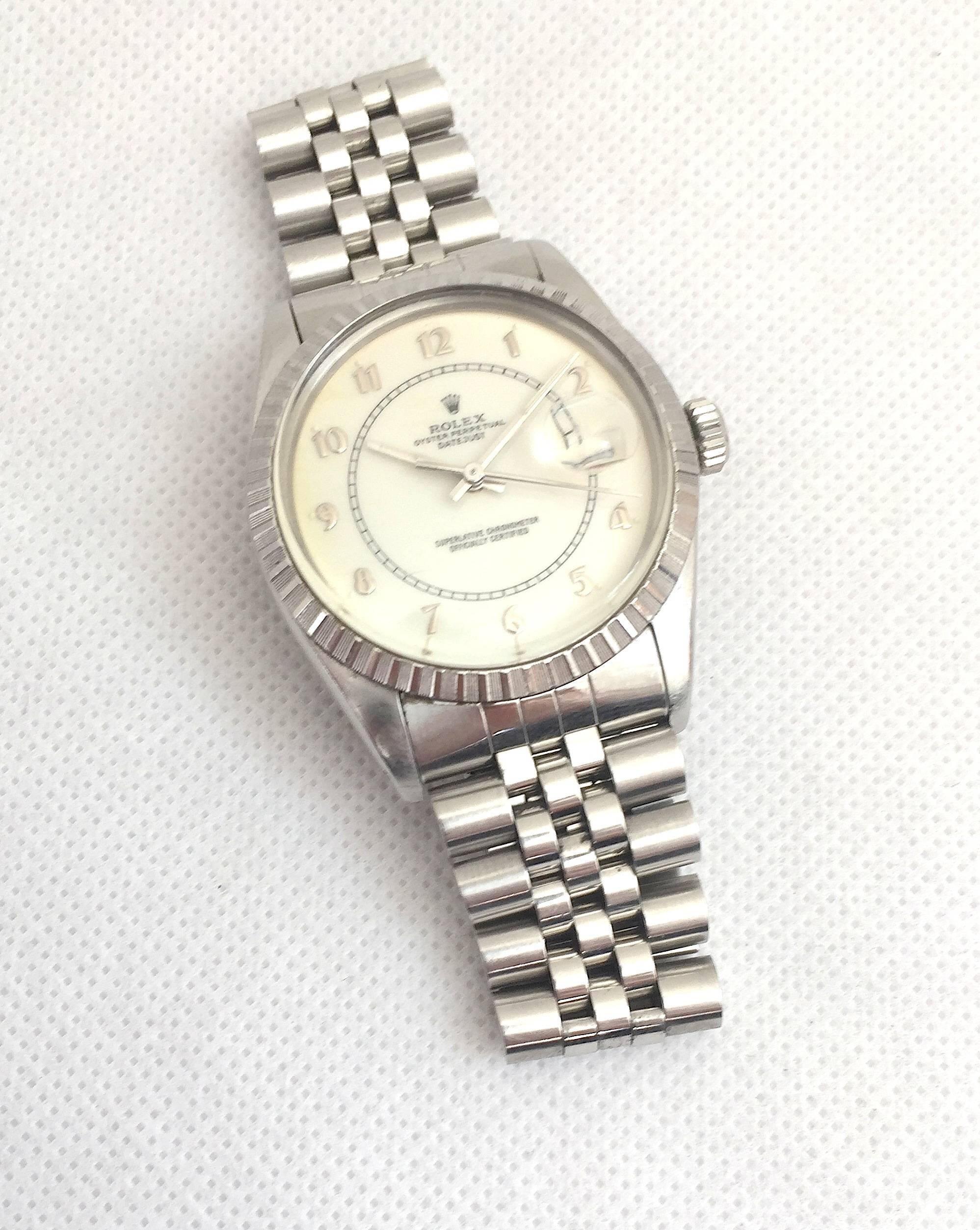 Rolex Stainless Steel Oyster Perpetual Datejust Wristwatch
Factory Enamel 'Boiler Guage' Eggshell Colored Dial with Arabic Hour Numerals
Stainless Steel Engine-Turned Bezel
36mm in size 
Rolex Calibre Base 3035 Automatic Movement
Acrylic