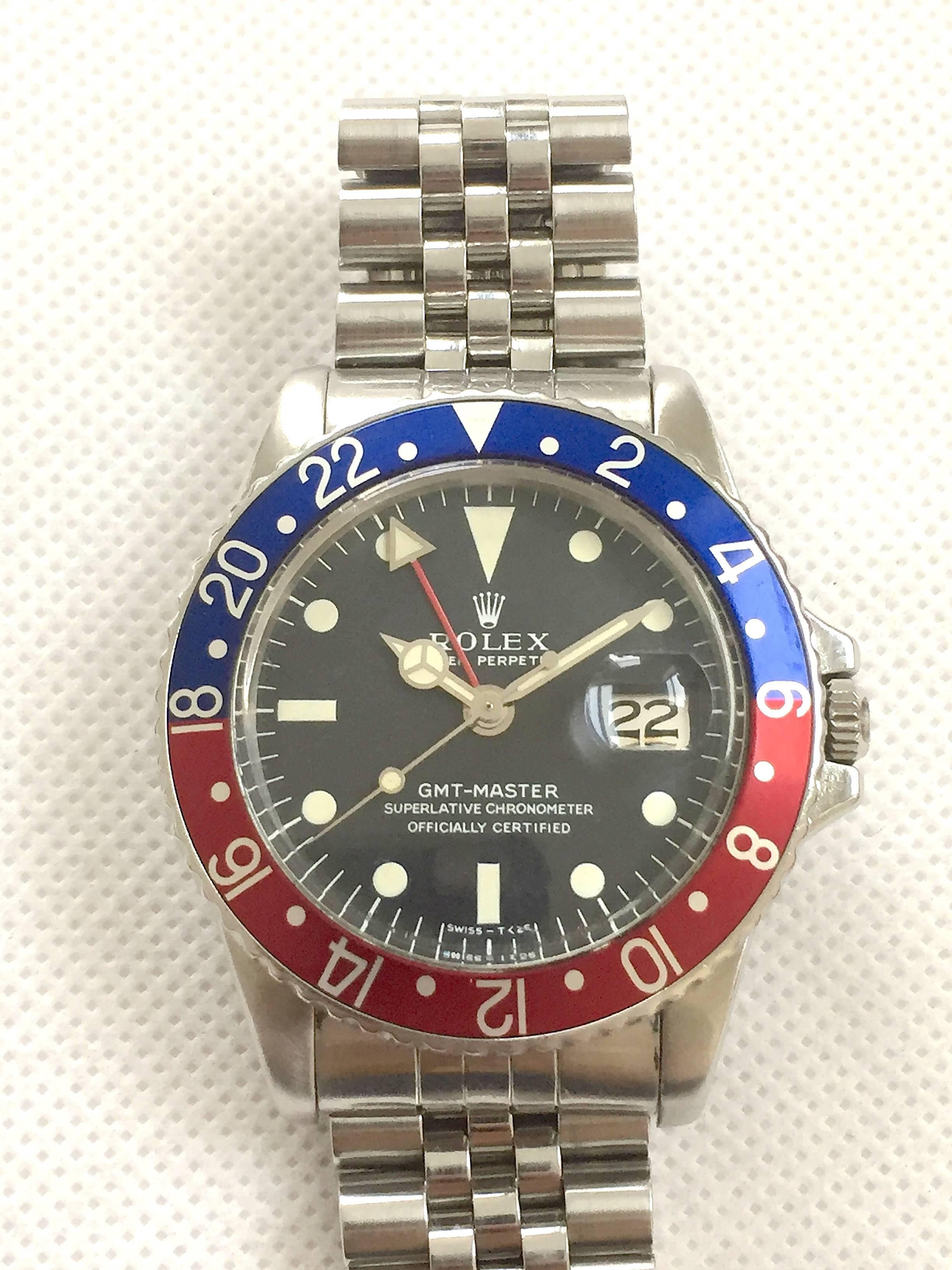 Rolex Stainless Steel Oyster Perpetual GMT Master Automatic Wristwatch, 1960s In Good Condition In New York, NY