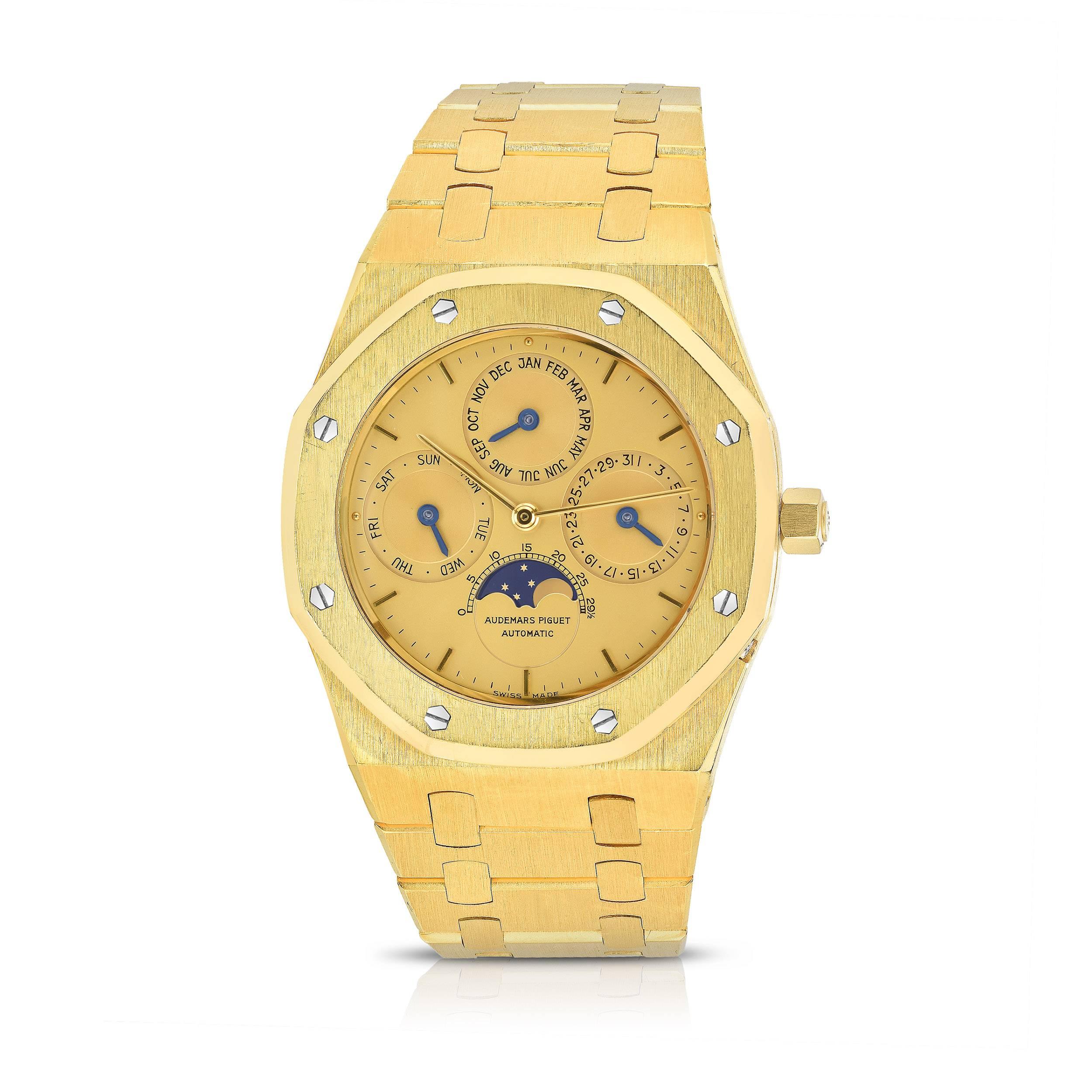 Audemars Piguet Royal Oak 18K Yellow Gold Quantieme Perpetual Watch
Yellow Gold Case
Perpetual Calendar 
39MM 
Champagne Dial with Yellow Gold Hands
18K Yellow Gold Bezel
18K Yellow Gold Bracelet
Signature Clasp
Automatic Movement
Unpolished Case