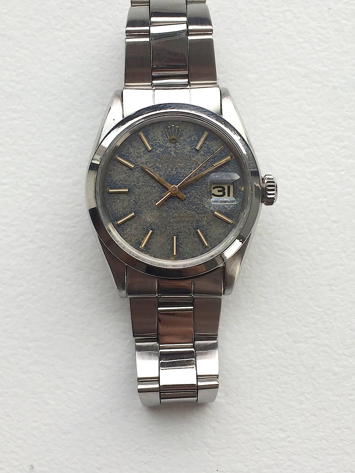 Rolex Stainless Steel Blue Tropical Dial Oyster Perpetual Date Wristwatch In Good Condition In New York, NY
