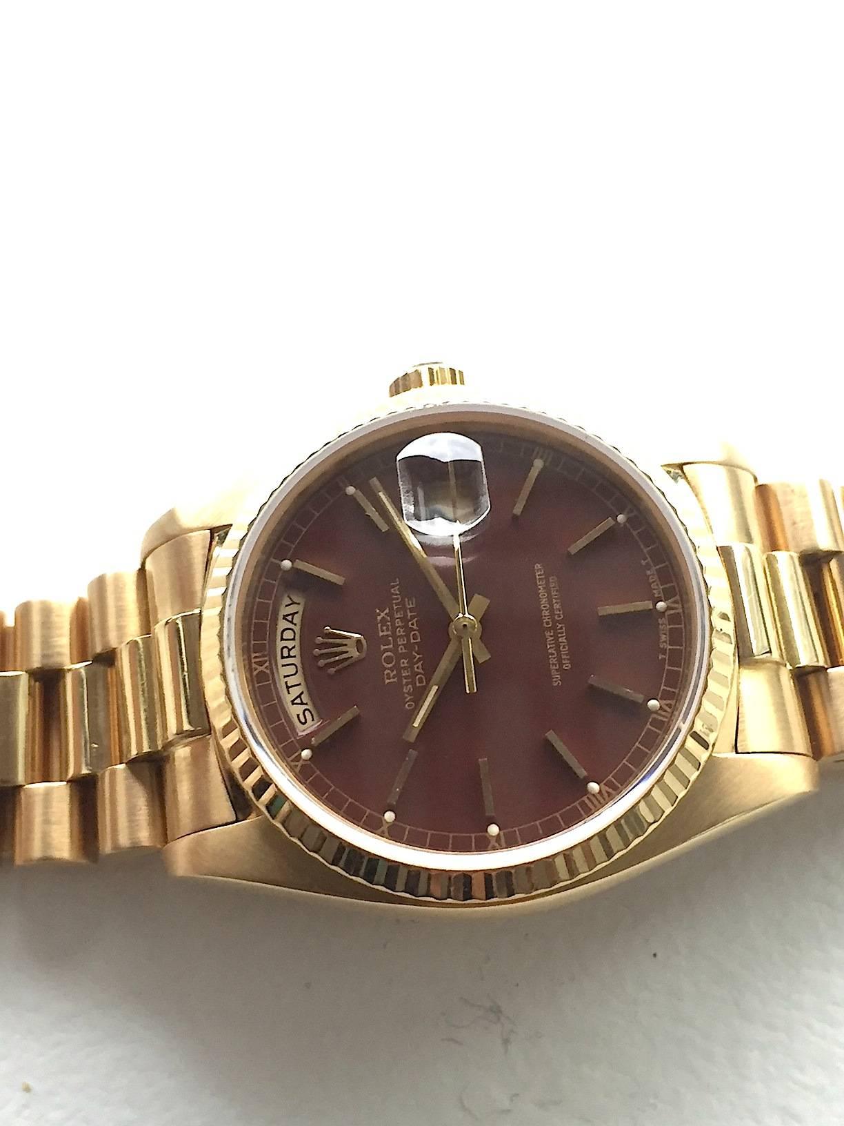 Rolex Yellow Gold Oxblood Stella Day-Date President Wristwatch with Papers For Sale 1