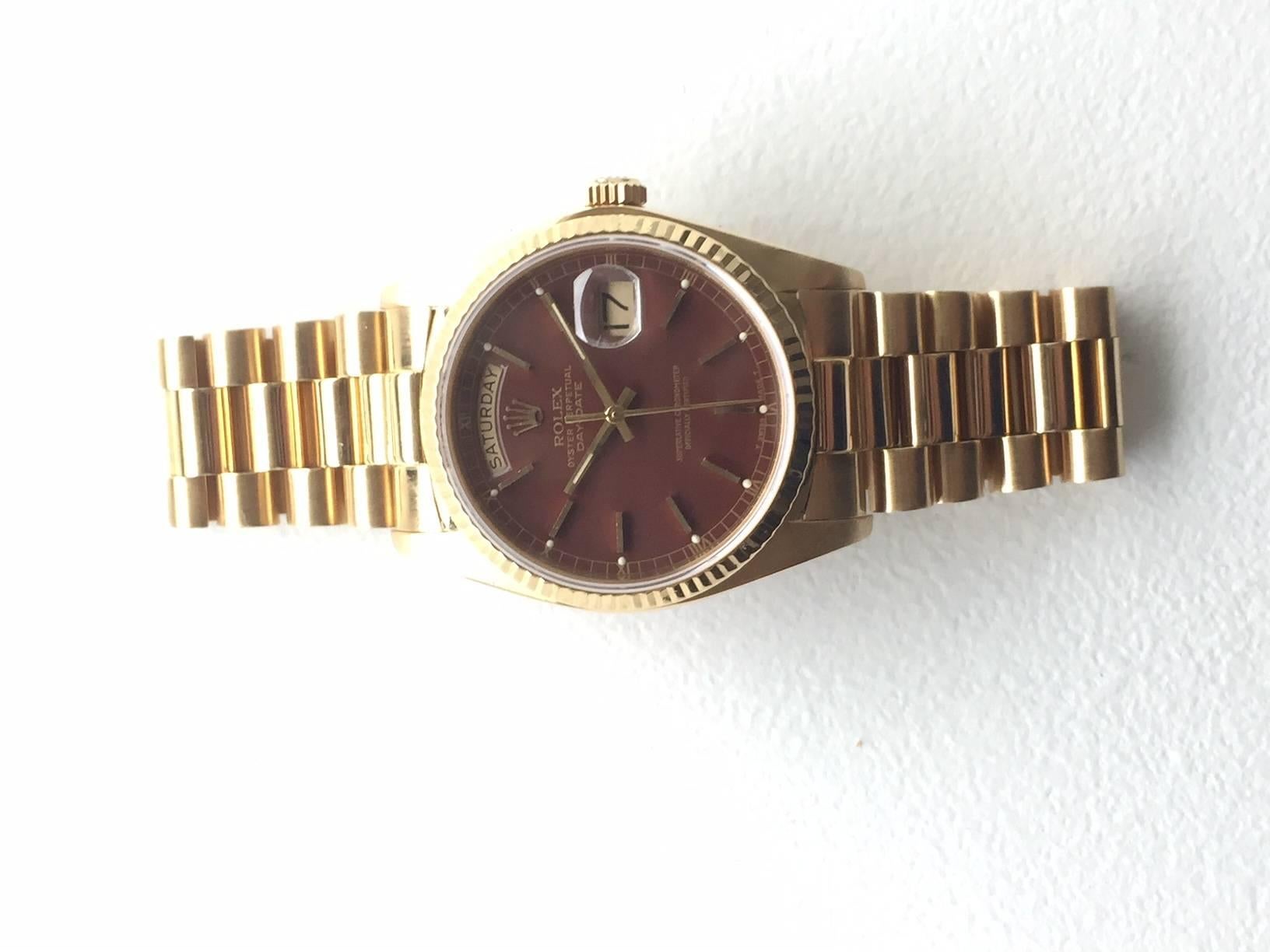 Rolex Yellow Gold Oxblood Stella Day-Date President Wristwatch with Papers For Sale 4