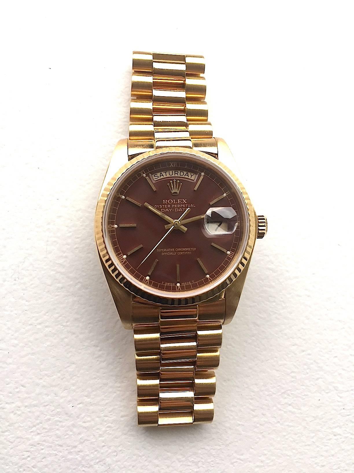 Rolex Yellow Gold Oxblood Stella Day-Date President Wristwatch with Papers For Sale 2