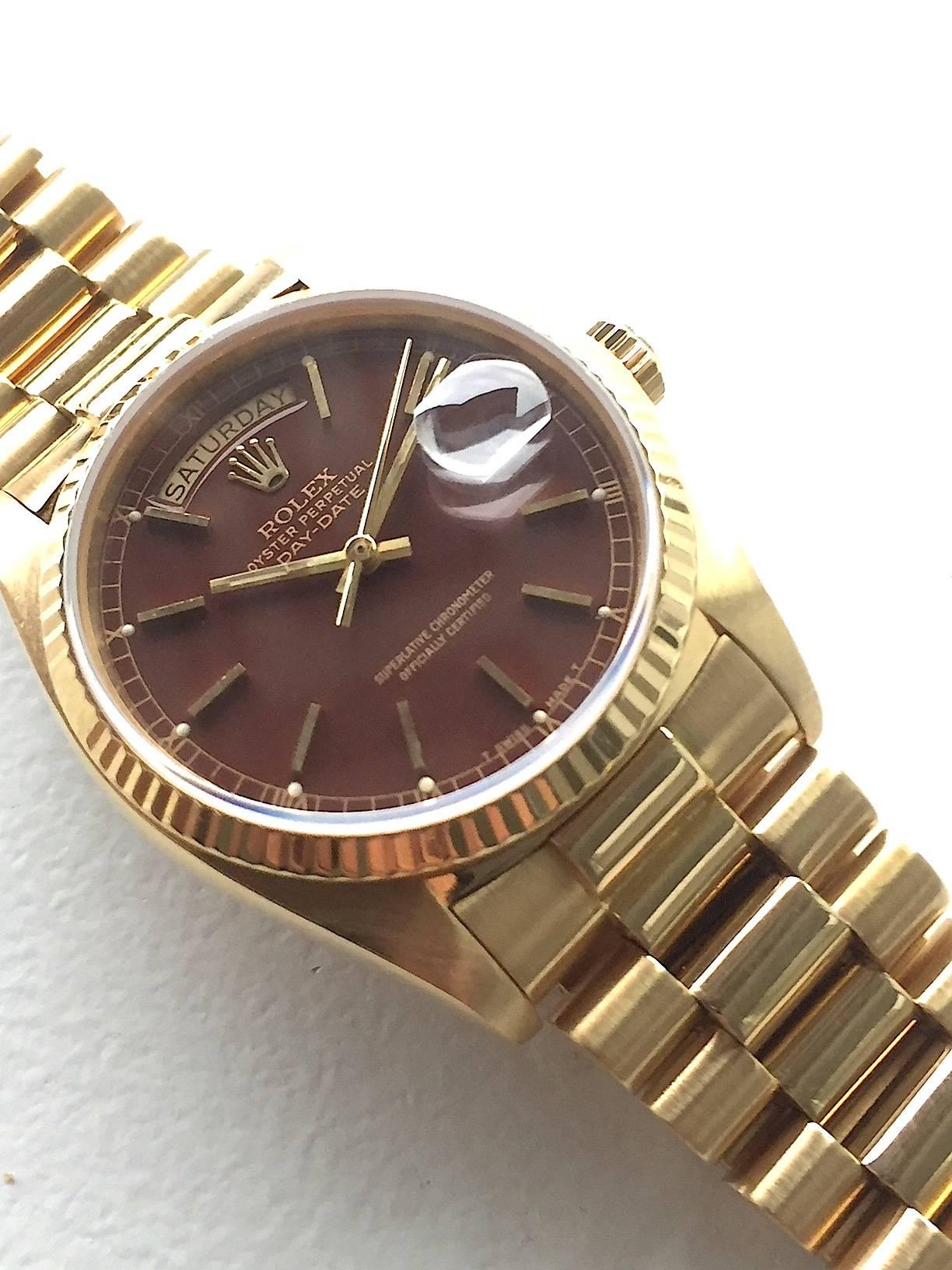 Rolex Yellow Gold Oxblood Stella Day-Date President Wristwatch with Papers For Sale 3