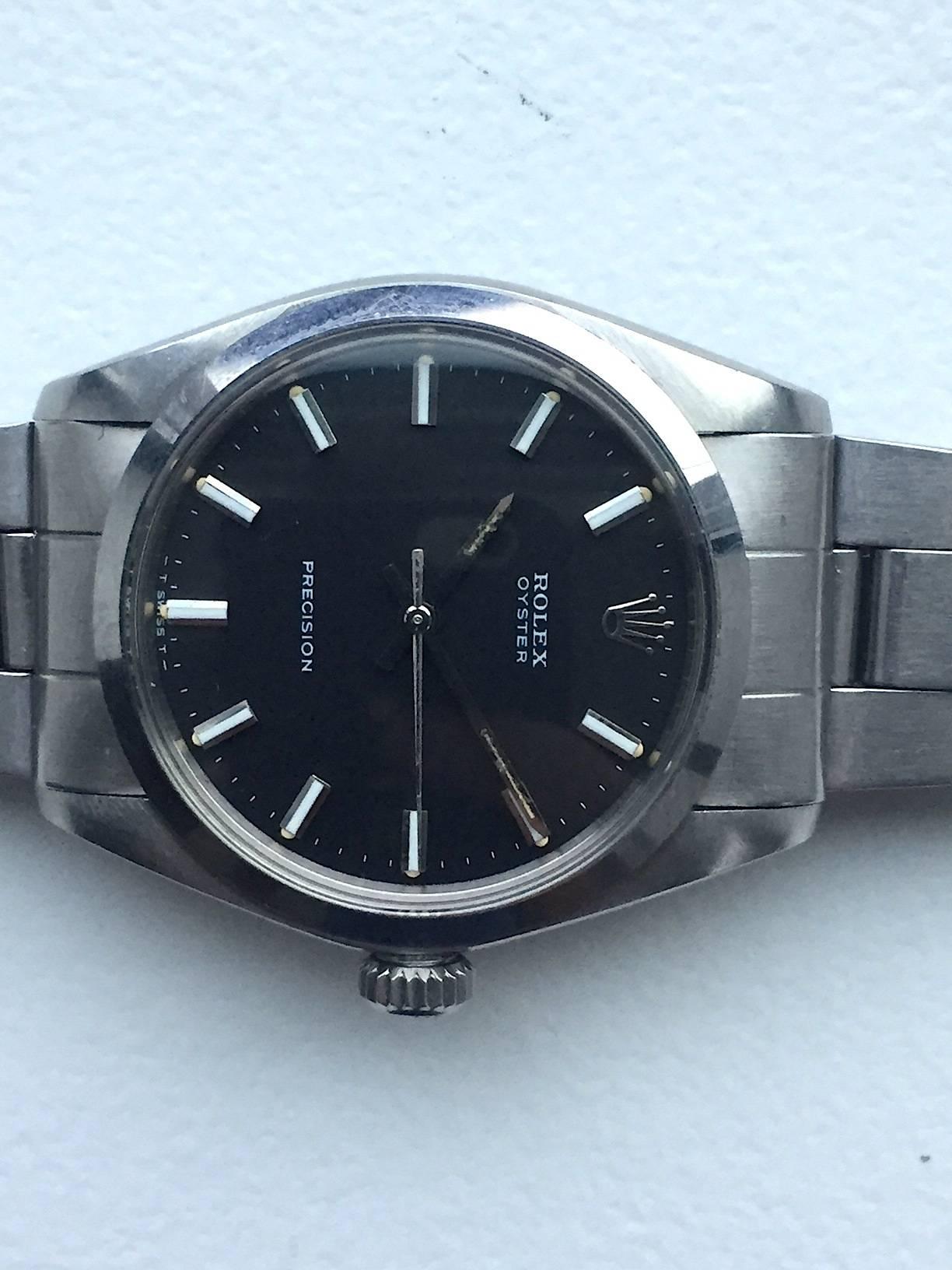 Women's or Men's Rolex Stainless Steel Oyster Precision Black Dial Manual Wind Wristwatch, 1970s
