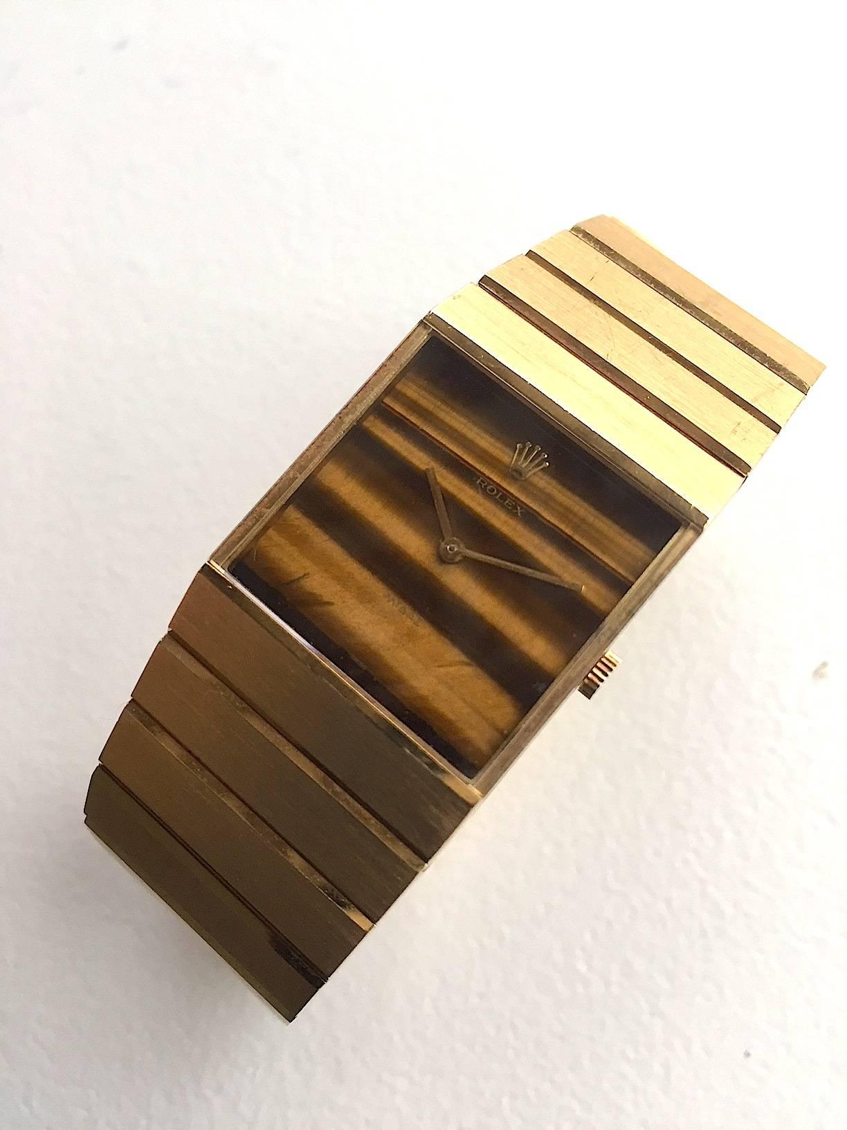 Women's or Men's Rolex 18 Karat Yellow Gold King Midas Tiger's Eye Dial Wristwatch For Sale