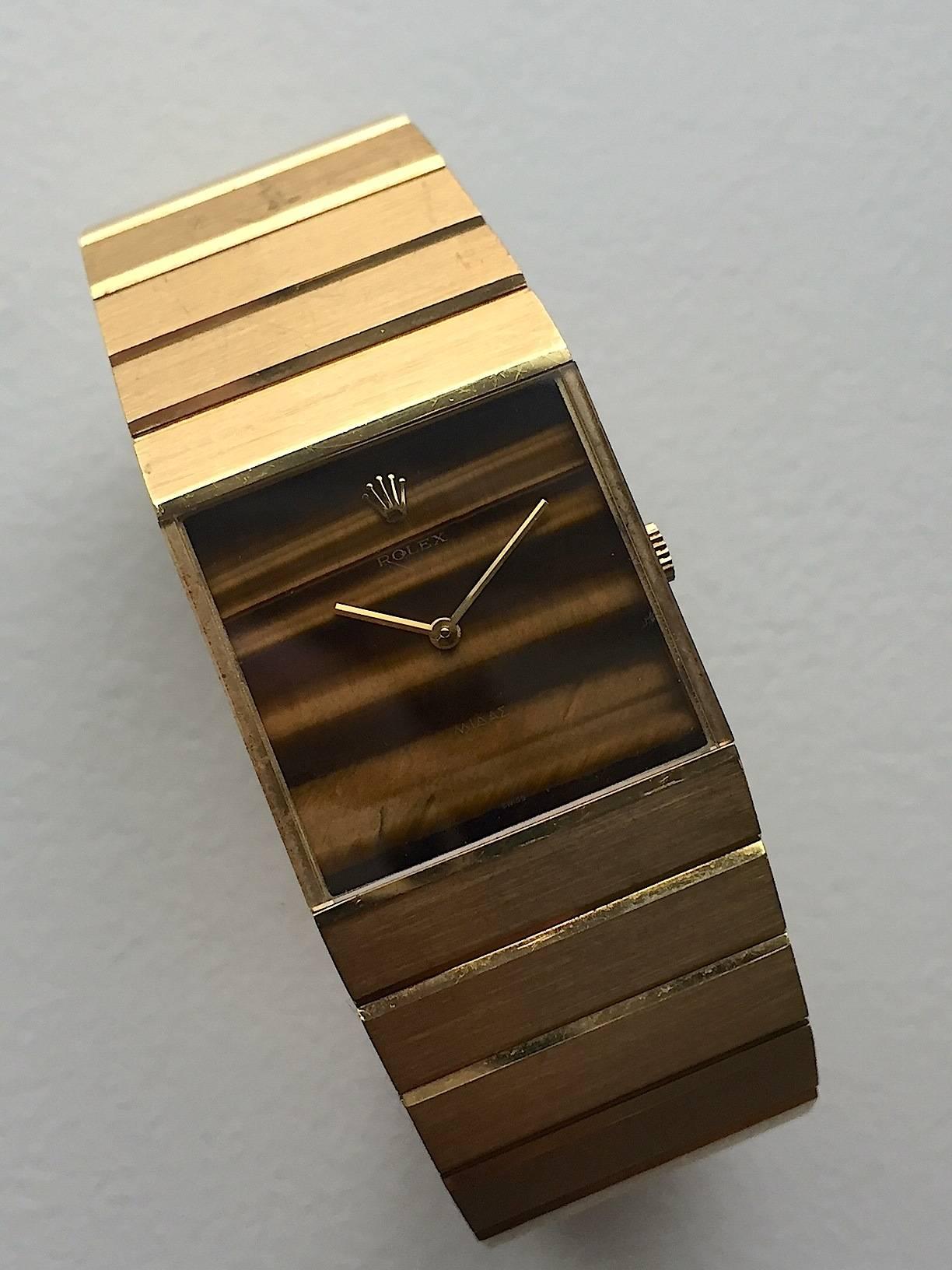 Rolex 18 Karat Yellow Gold King Midas Tiger's Eye Dial Wristwatch In Excellent Condition For Sale In New York, NY