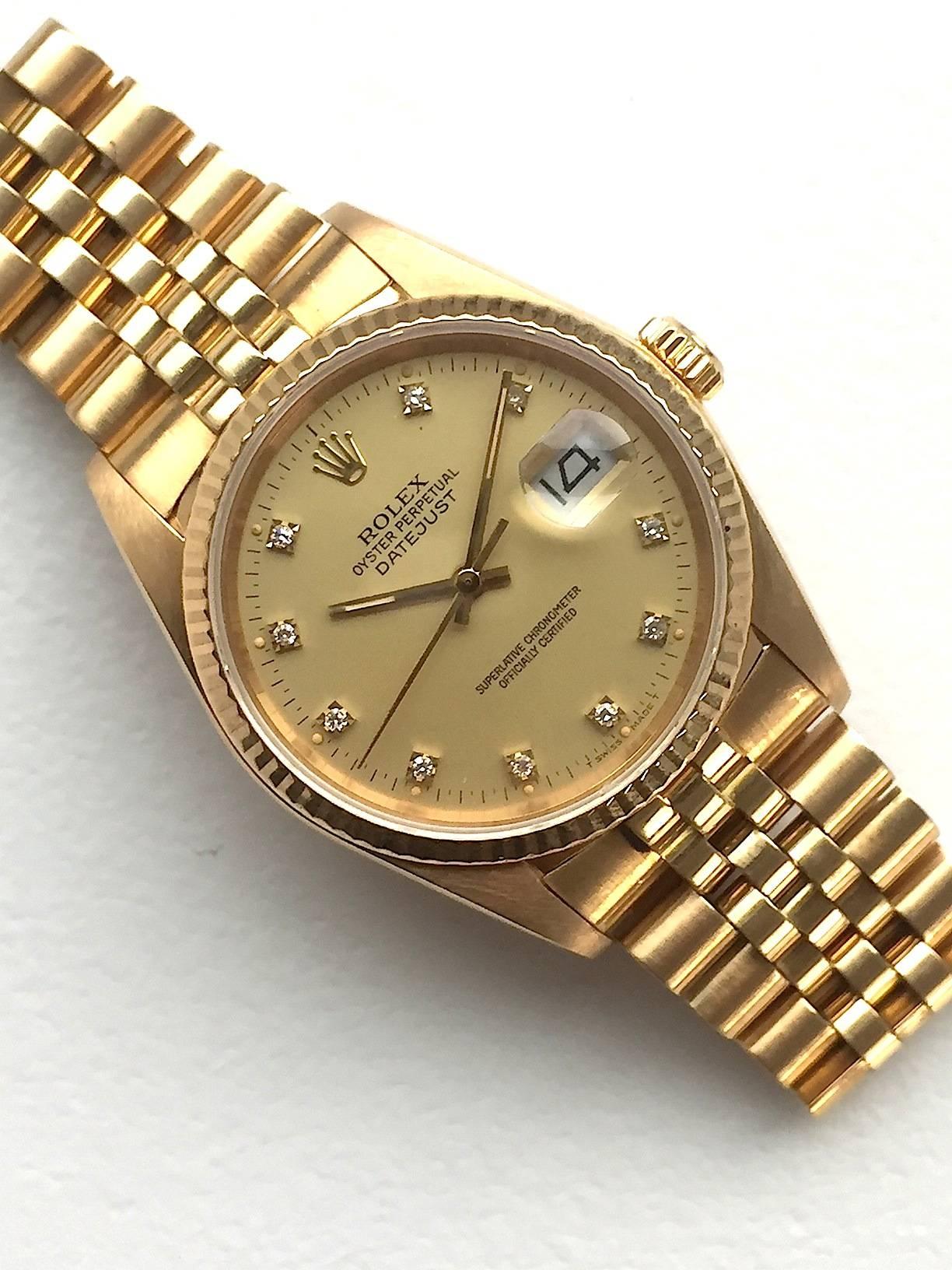 Rolex 18K Yellow Gold Oyster Perpetual Datejust with Factory Yellow Diamond Dial
Beautiful Factory Yellow/Lemon Factory Diamond Dial with Diamond Hour Markers
Yellow Gold Gold Fluted Bezel
18K Yellow Gold Case
36mm in size 
Features Rolex Automatic