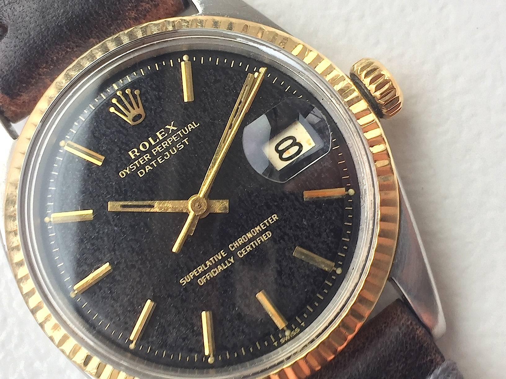 Rolex Yellow Gold Stainless Steel Tropical Dial Datejust Wristwatch, 1960s In Good Condition In New York, NY