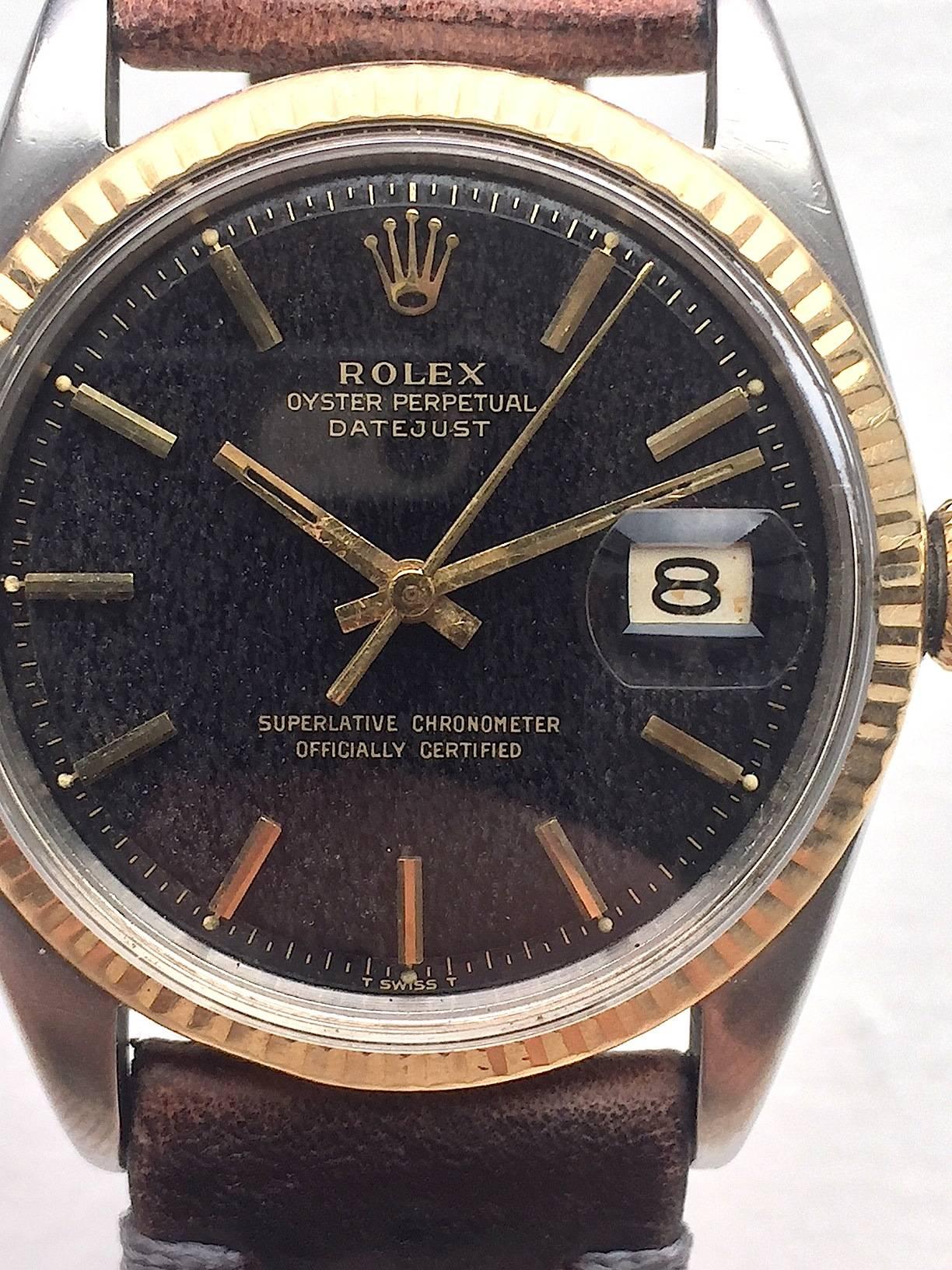 Rolex Yellow Gold Stainless Steel Tropical Dial Datejust Wristwatch, 1960s 2