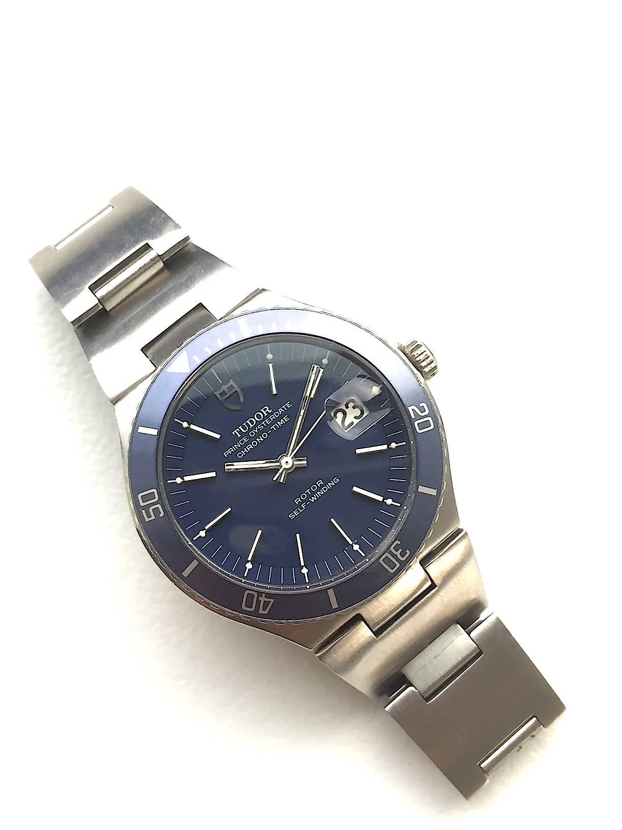 Rare Pristine Condition Tudor Prince Oysterdate Chrono-Time Self-Winding Automatic Watch
Beautiful Factory Royal Blue Dial with Matching Inner Bezel 
Blue Metal Rotating Bezel with White Markers
Stainless Steel Case
38mm in size 
Features Tudor