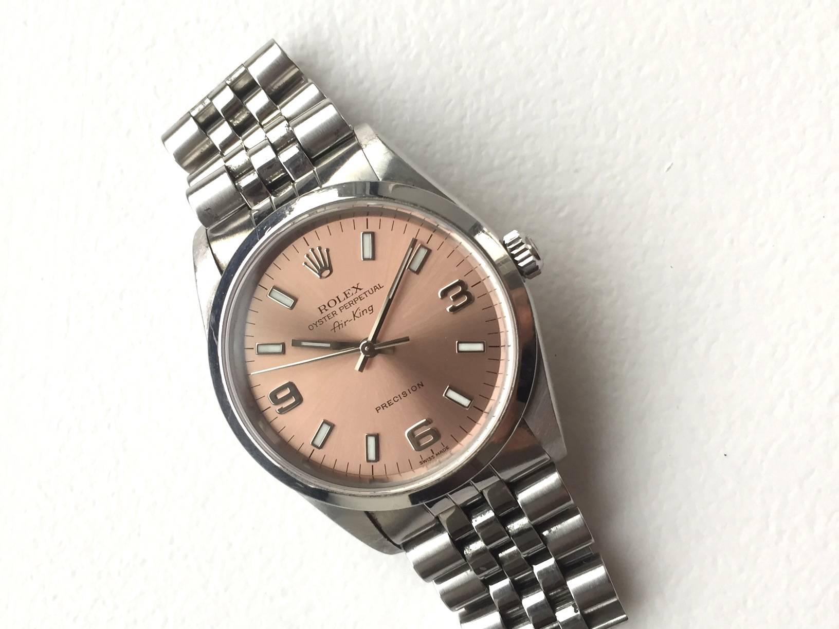 Rolex Stainless Steel Oyster Perpetual Pink Dial Air-King Automatic Watch In Excellent Condition In New York, NY
