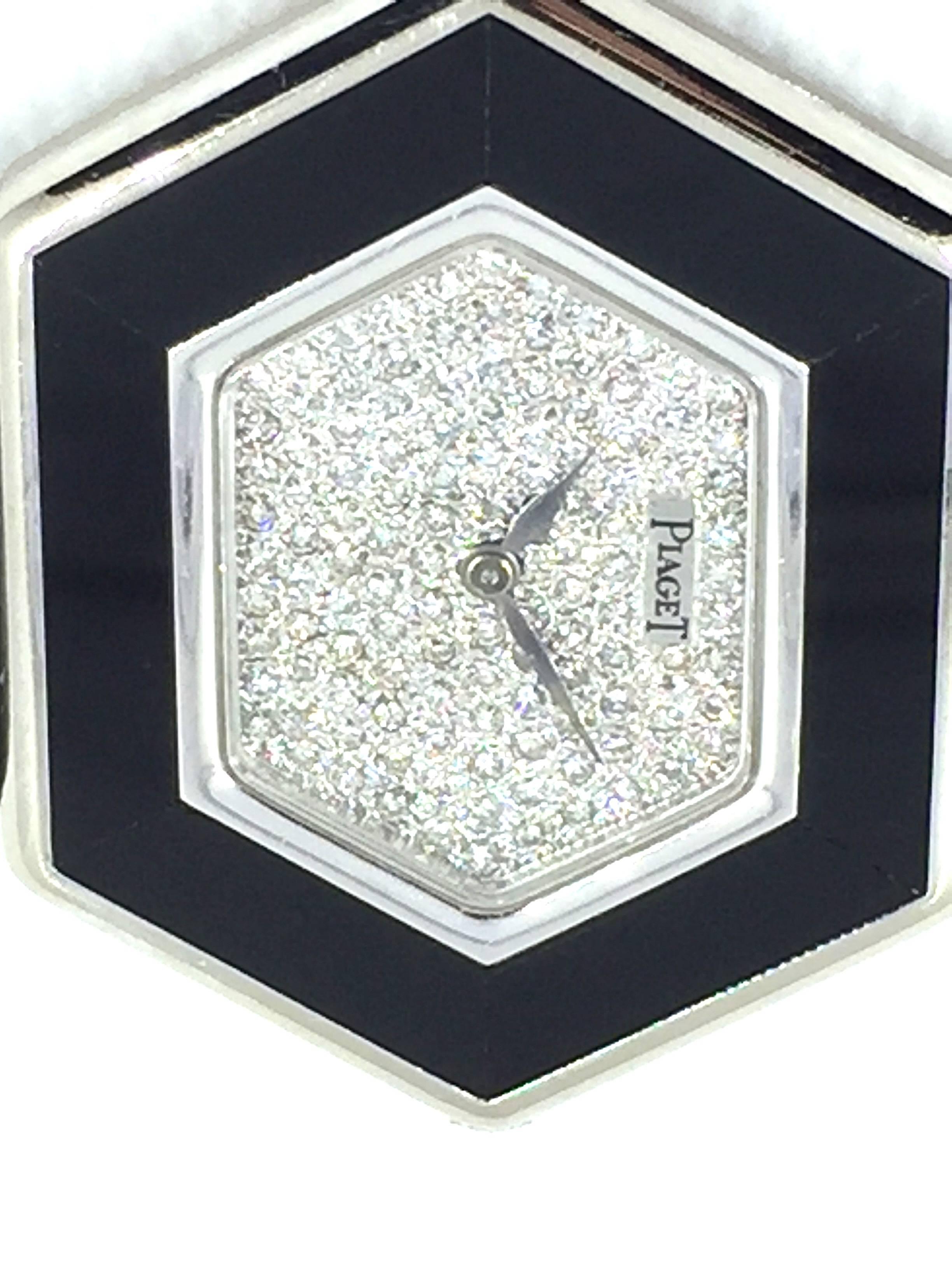 Women's or Men's Piaget White Gold Onyx Pave Diamond Dial Manual Wind Wristwatch