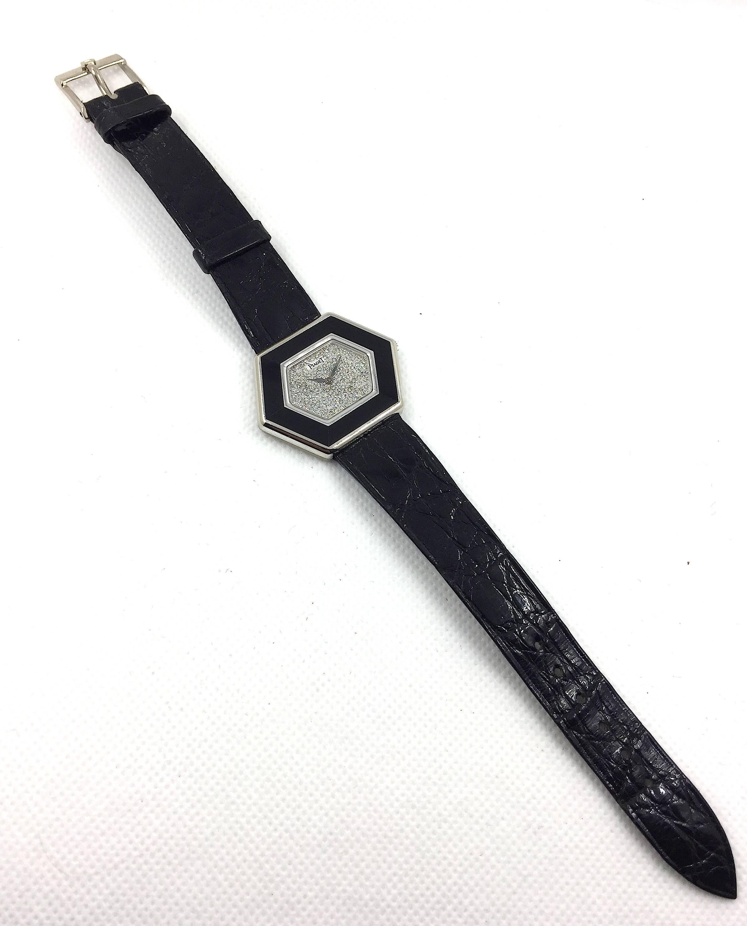 Piaget White Gold Onyx Pave Diamond Dial Manual Wind Wristwatch 1