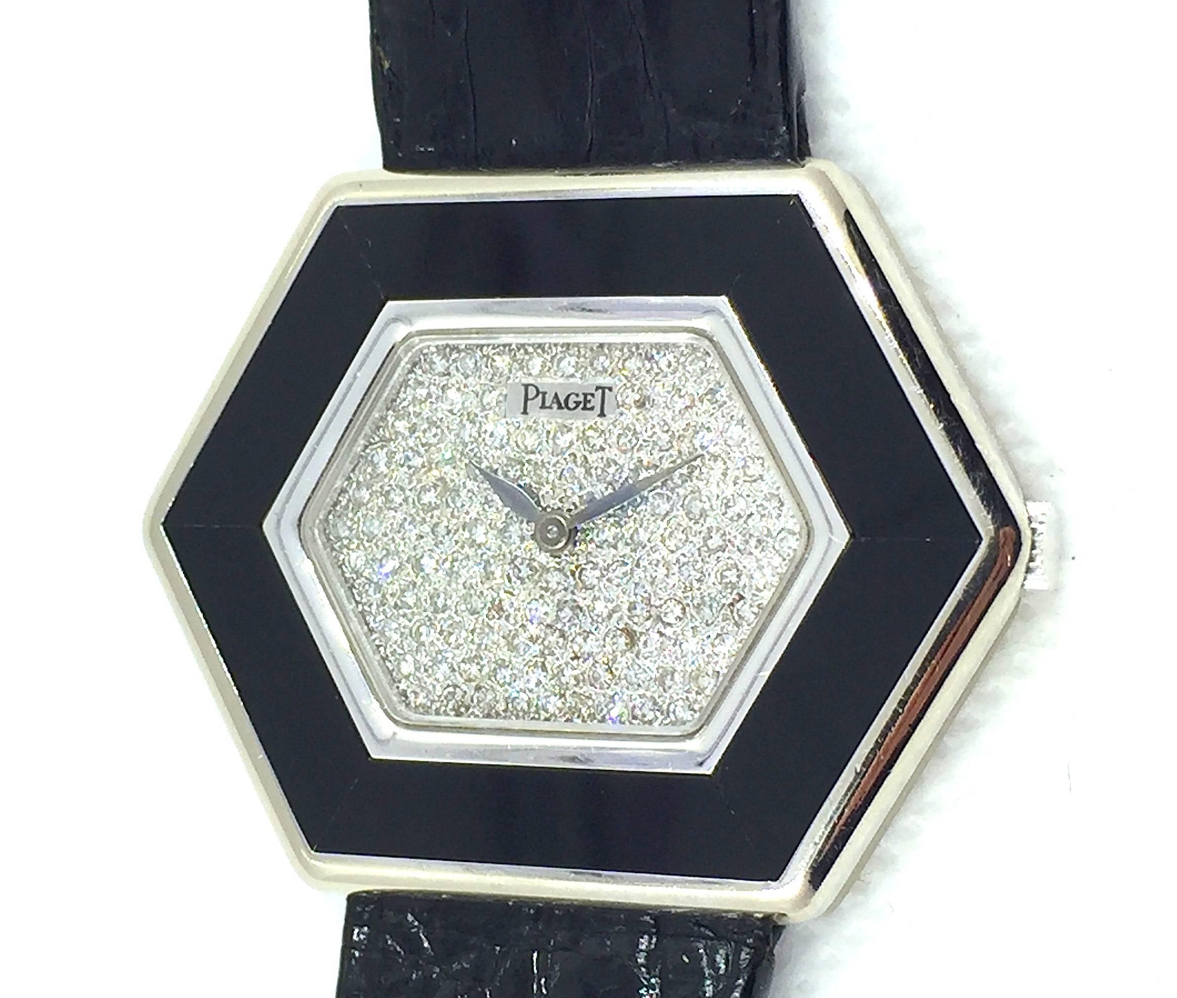 Piaget White Gold Onyx Pave Diamond Dial Manual Wind Wristwatch 3