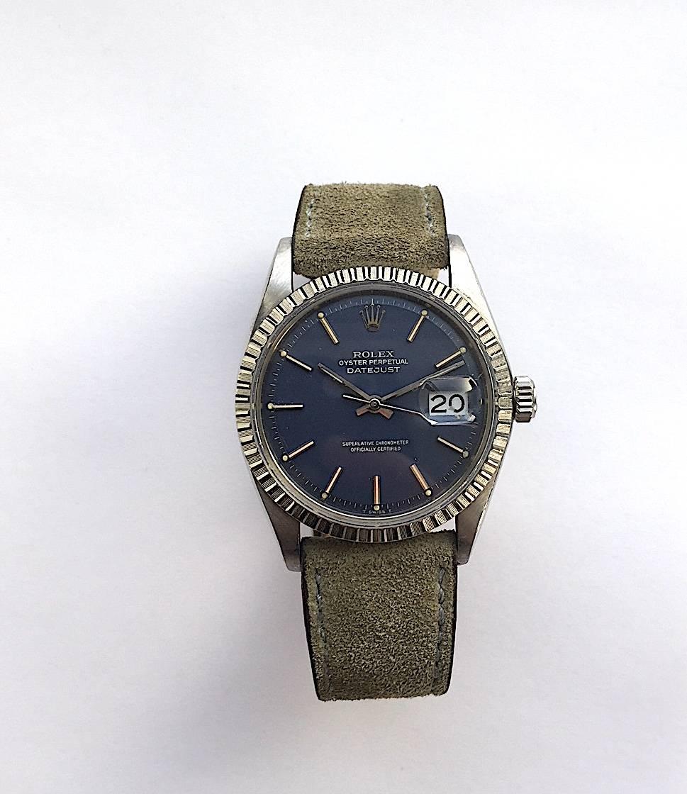 Rolex Stainless Steel Blue Dial Oyster Perpetual Datejust Wristwatch, 1970s 1