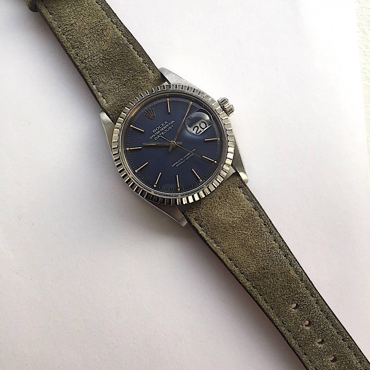 Rolex Stainless Steel Blue Dial Oyster Perpetual Datejust Wristwatch, 1970s In Excellent Condition In New York, NY