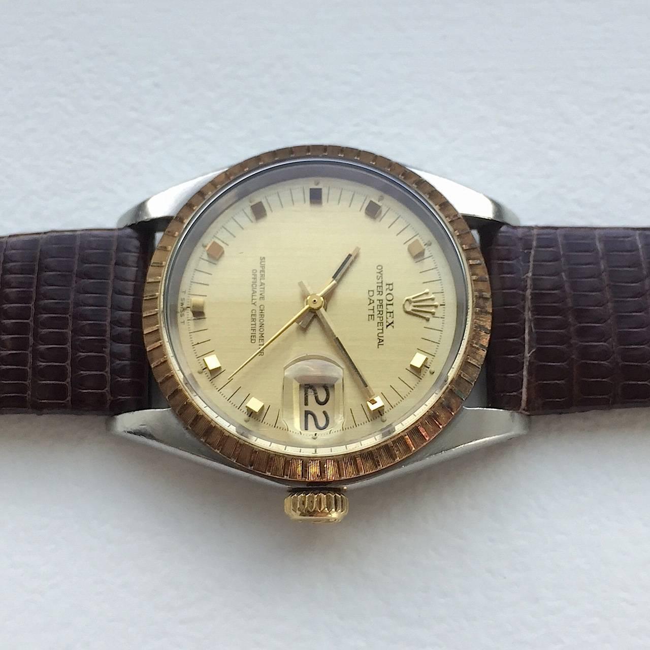 Women's or Men's Rolex Steel and Gold Oyster Perpetual Date Automatic Watch with Papers, 1970s For Sale