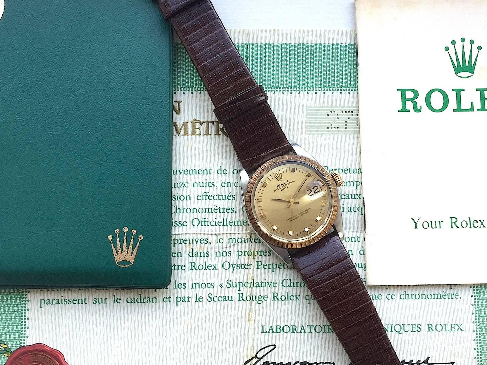 Rolex Steel and Gold Oyster Perpetual Date Automatic Watch with Papers, 1970s For Sale 1