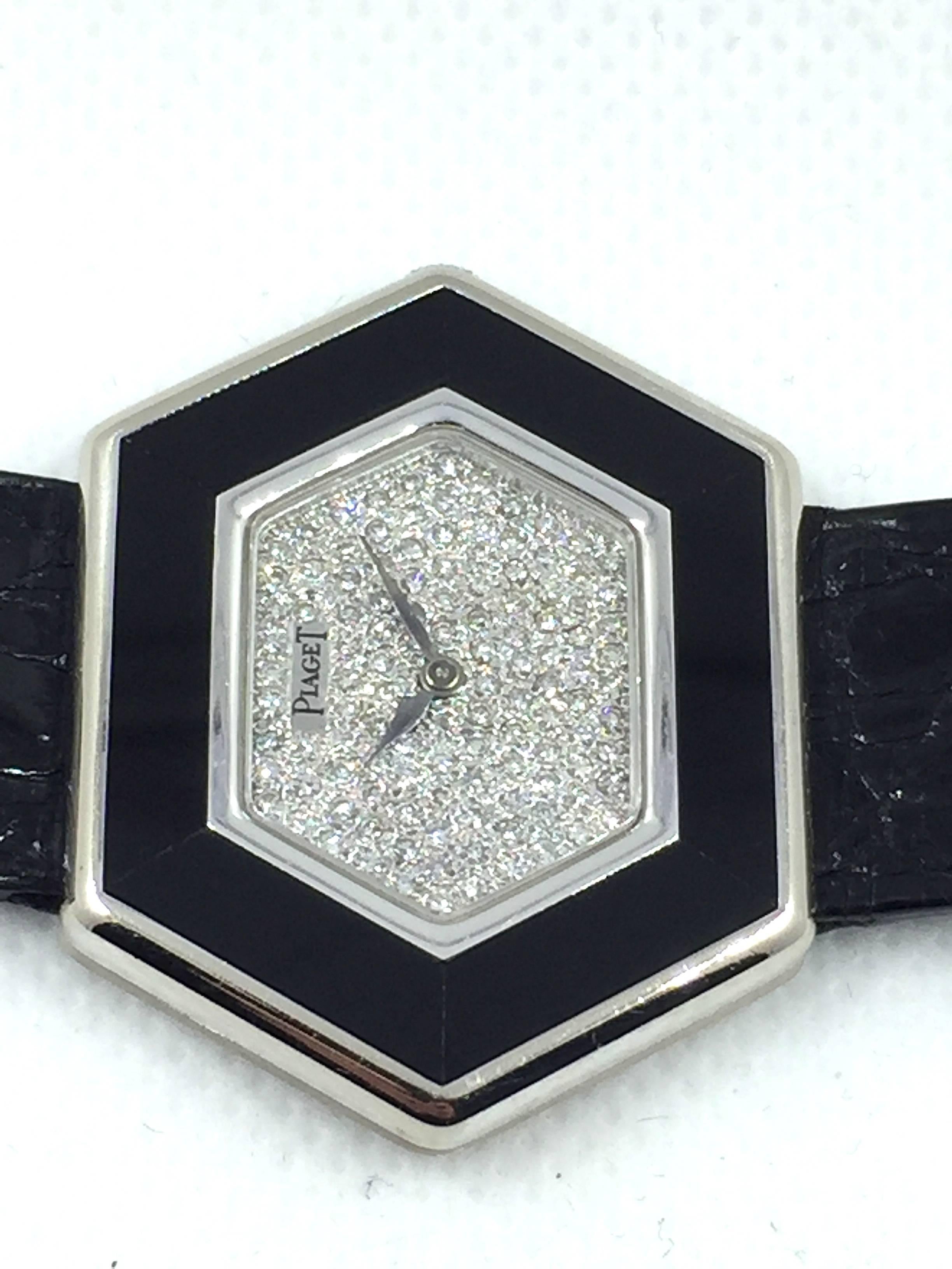 Piaget  Ladies White Gold and Onyx Pave Diamond Dial Manual Wind Wristwatch In Excellent Condition In New York, NY