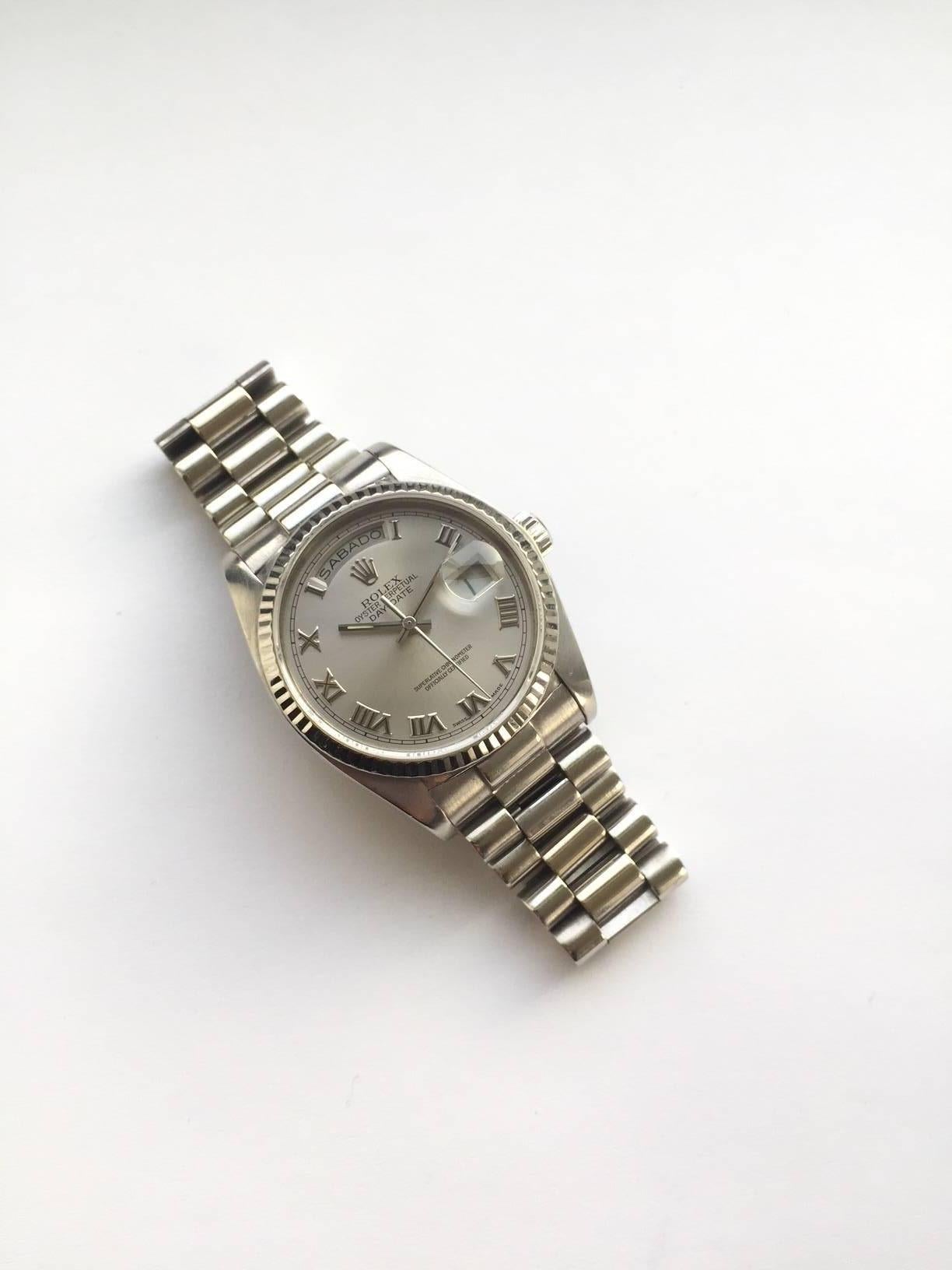 Women's or Men's Rolex 18K White Gold Day-Date President Automatic Watch , 1980s