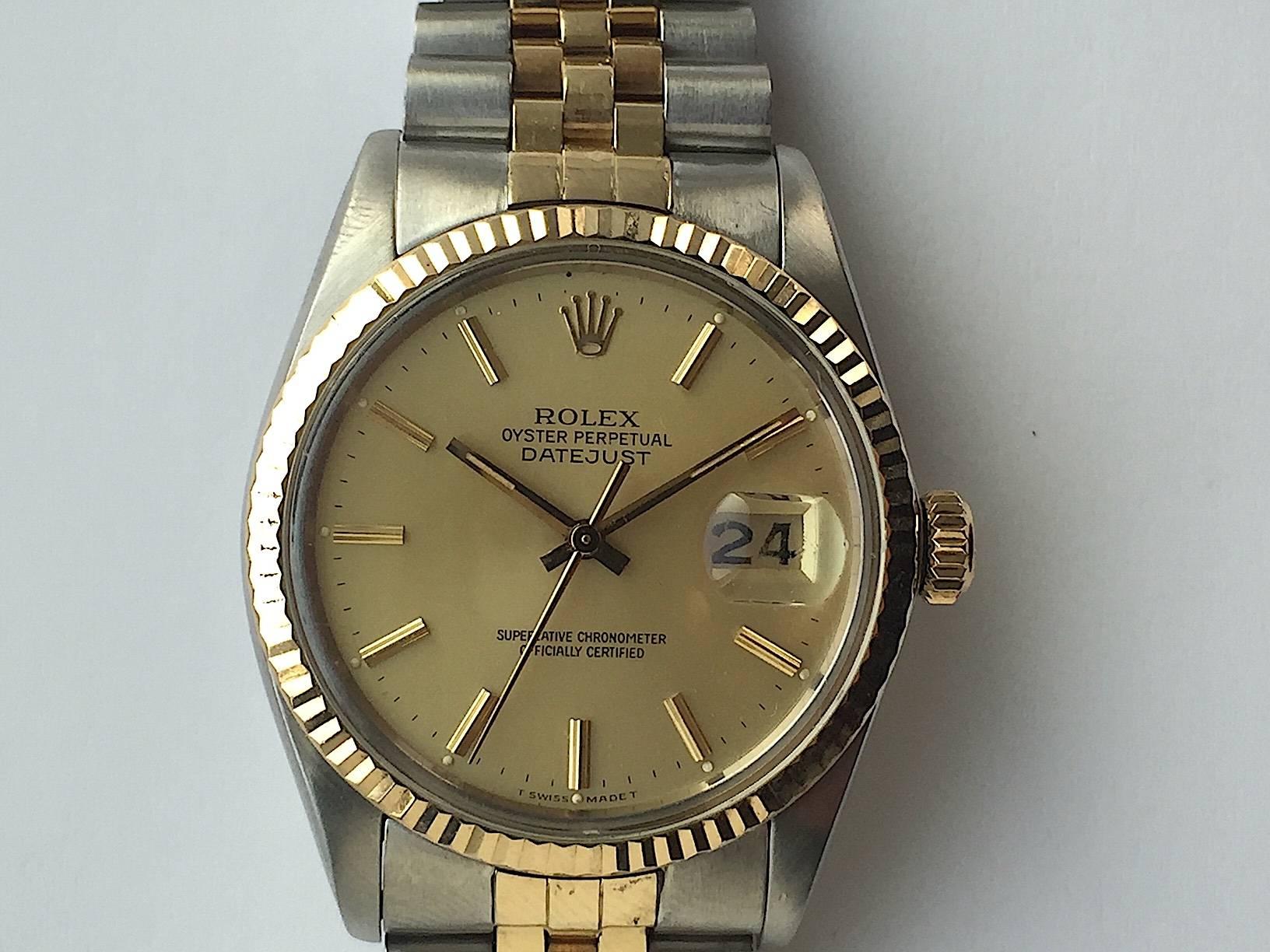 Women's or Men's Rolex Steel and Gold Oyster Perpetual Datejust Watch with Box and Papers, 1980s