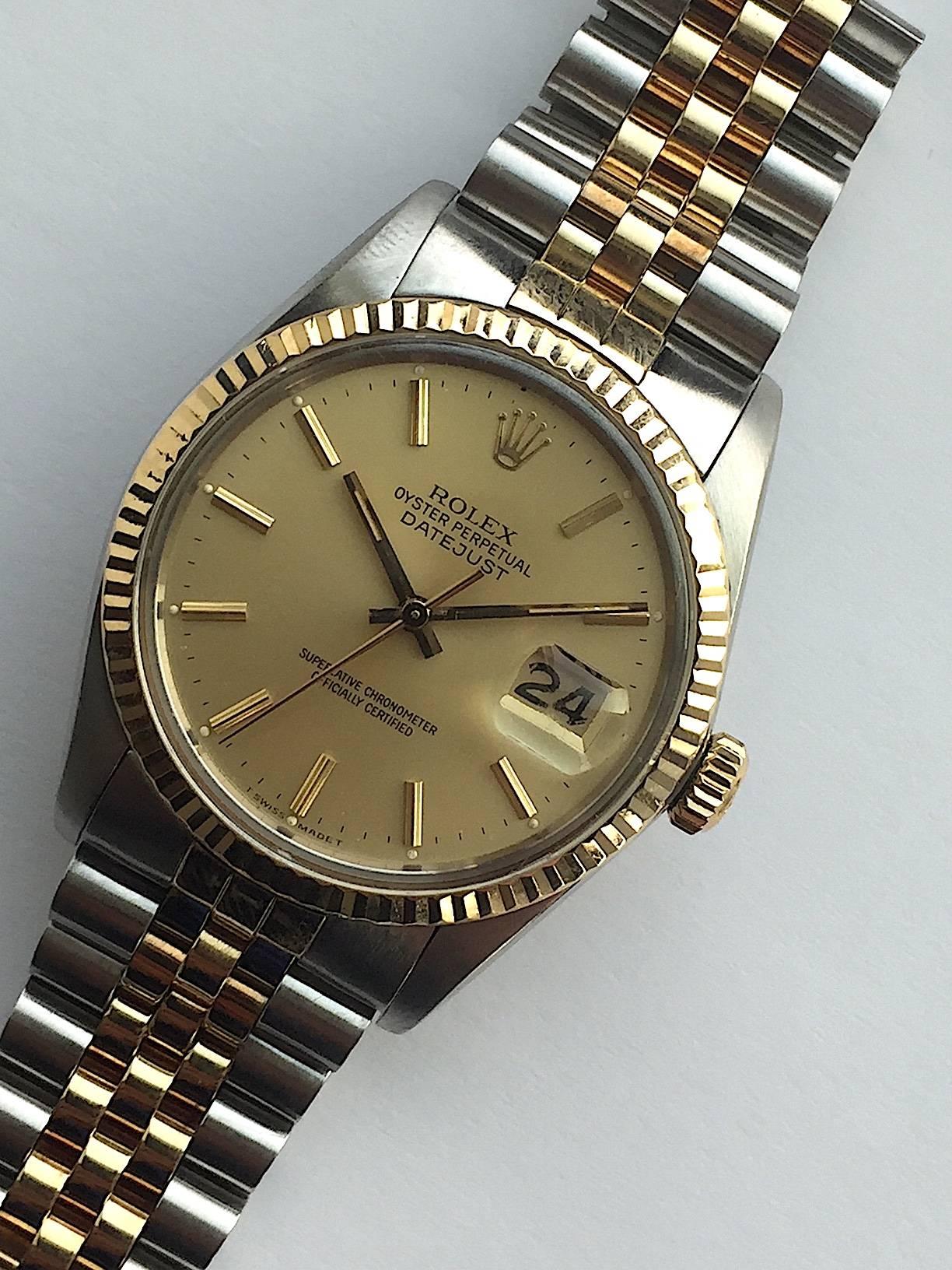 Rolex Steel and Gold Oyster Perpetual Datejust Watch with Box and Papers, 1980s In Excellent Condition In New York, NY